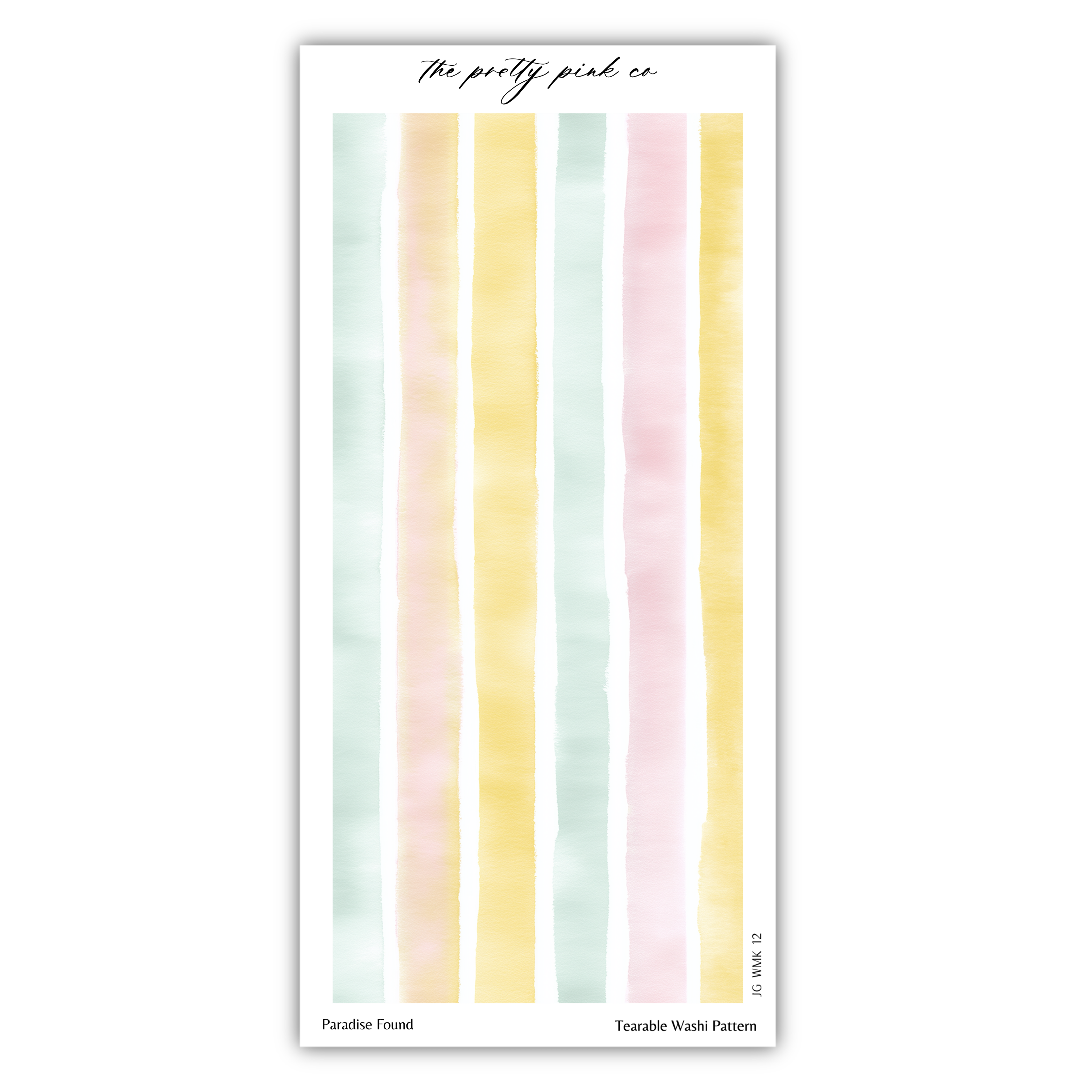 The image is a colorful abstract pattern with vertical stripes in various pastel shades, including pink, yellow, green, and blue.