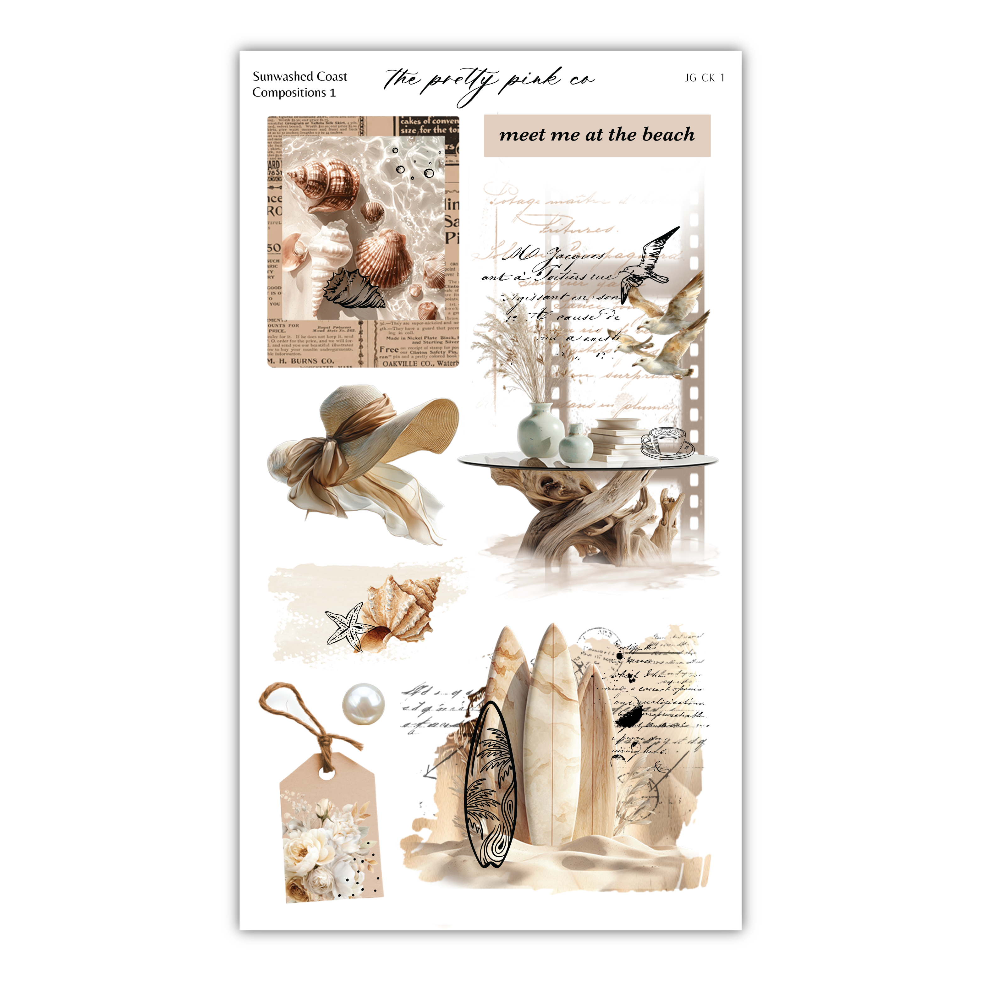 The image is a collage of various beach-related items and scenes, including a hat, a seashell, a vase, a surfboard, and a bird. The collage appears to be a creative and artistic representation of beach-themed imagery.