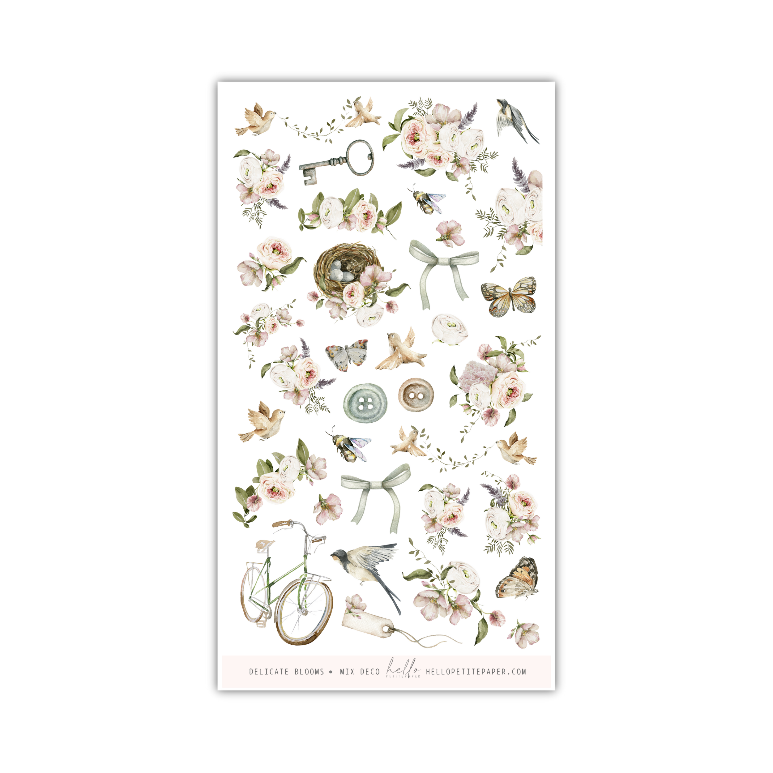 a sheet of stickers with flowers and birds