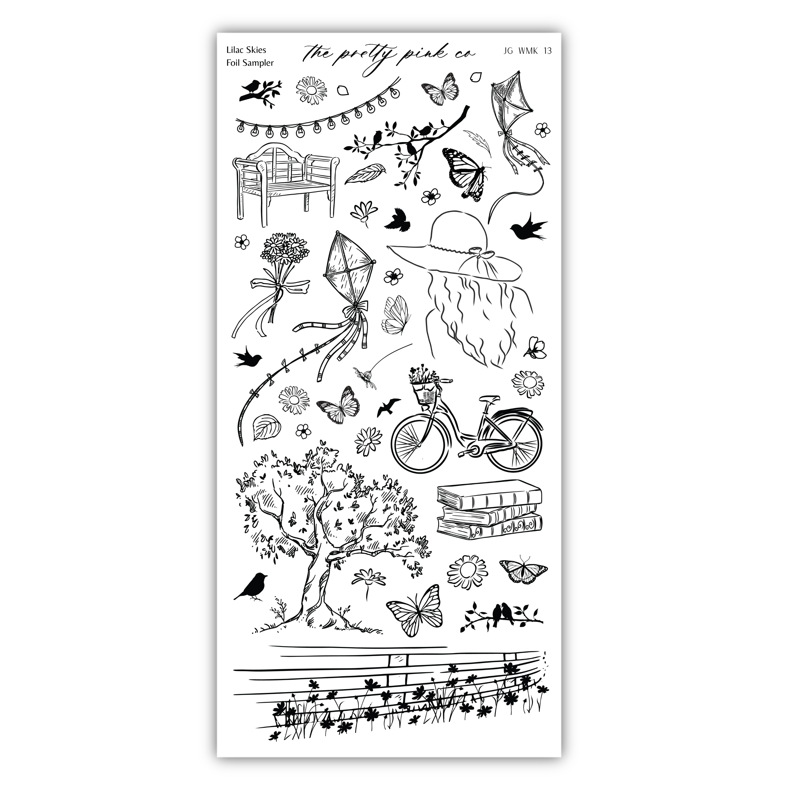 various black and white illustrations of nature-related objects and scenes, such as a bicycle, a tree, flowers, butterflies, and a bird.