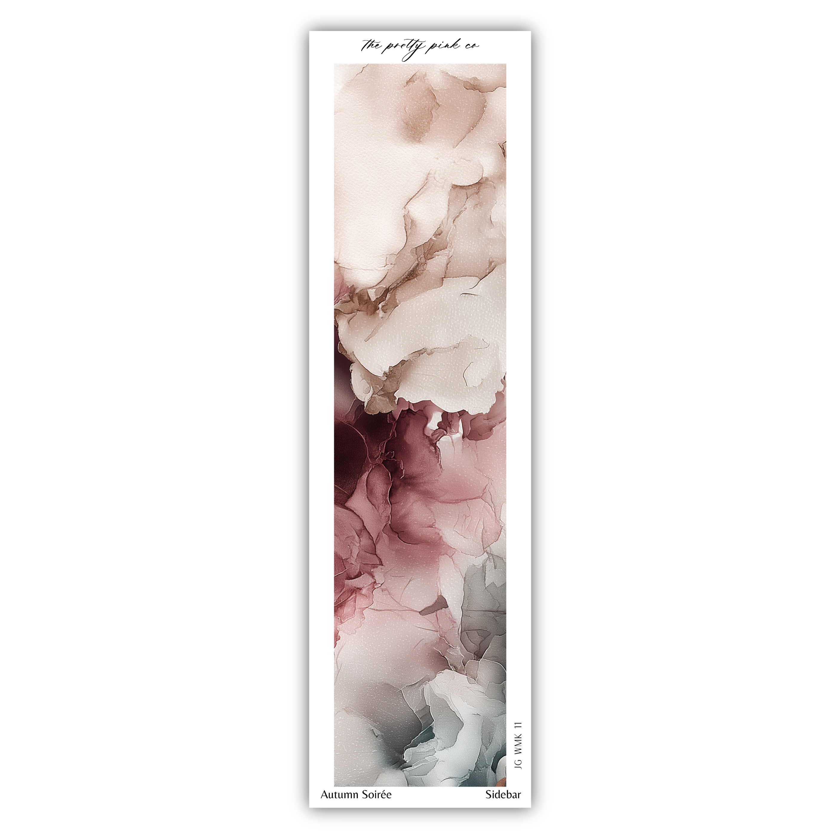 The image is a vertical print featuring a floral pattern in shades of pink and white.