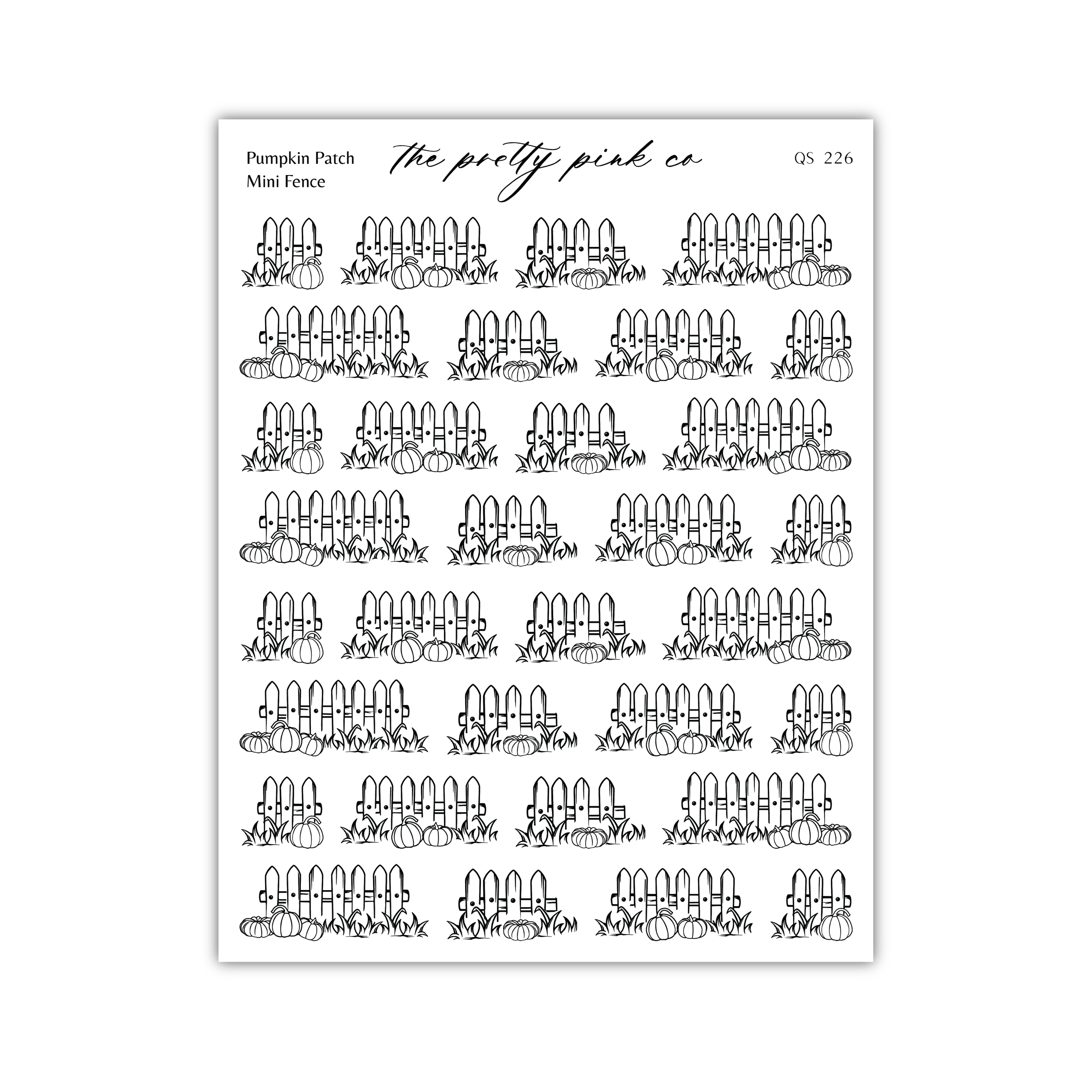 a grid of black and white line drawings of wooden fences and pumpkins, arranged in a repeating pattern.
