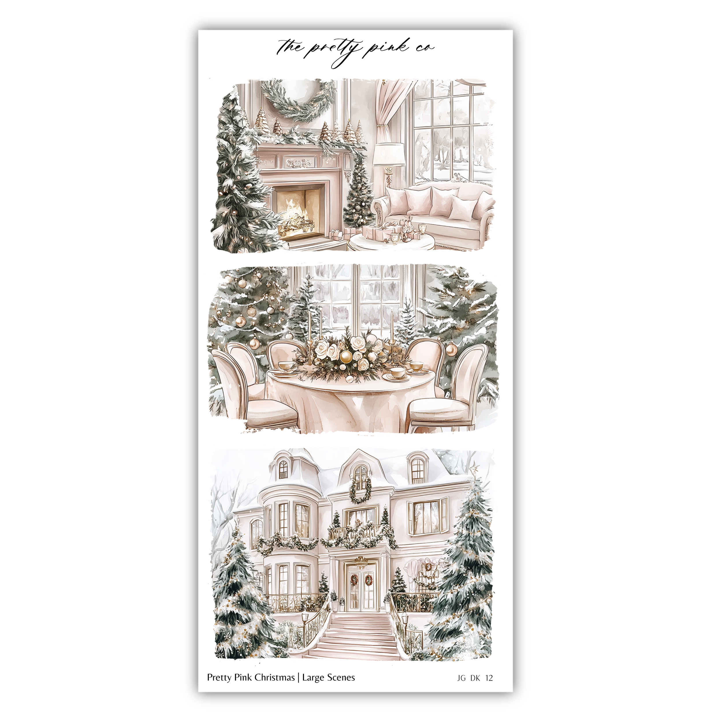 a christmas card with a drawing of a living room and fireplace