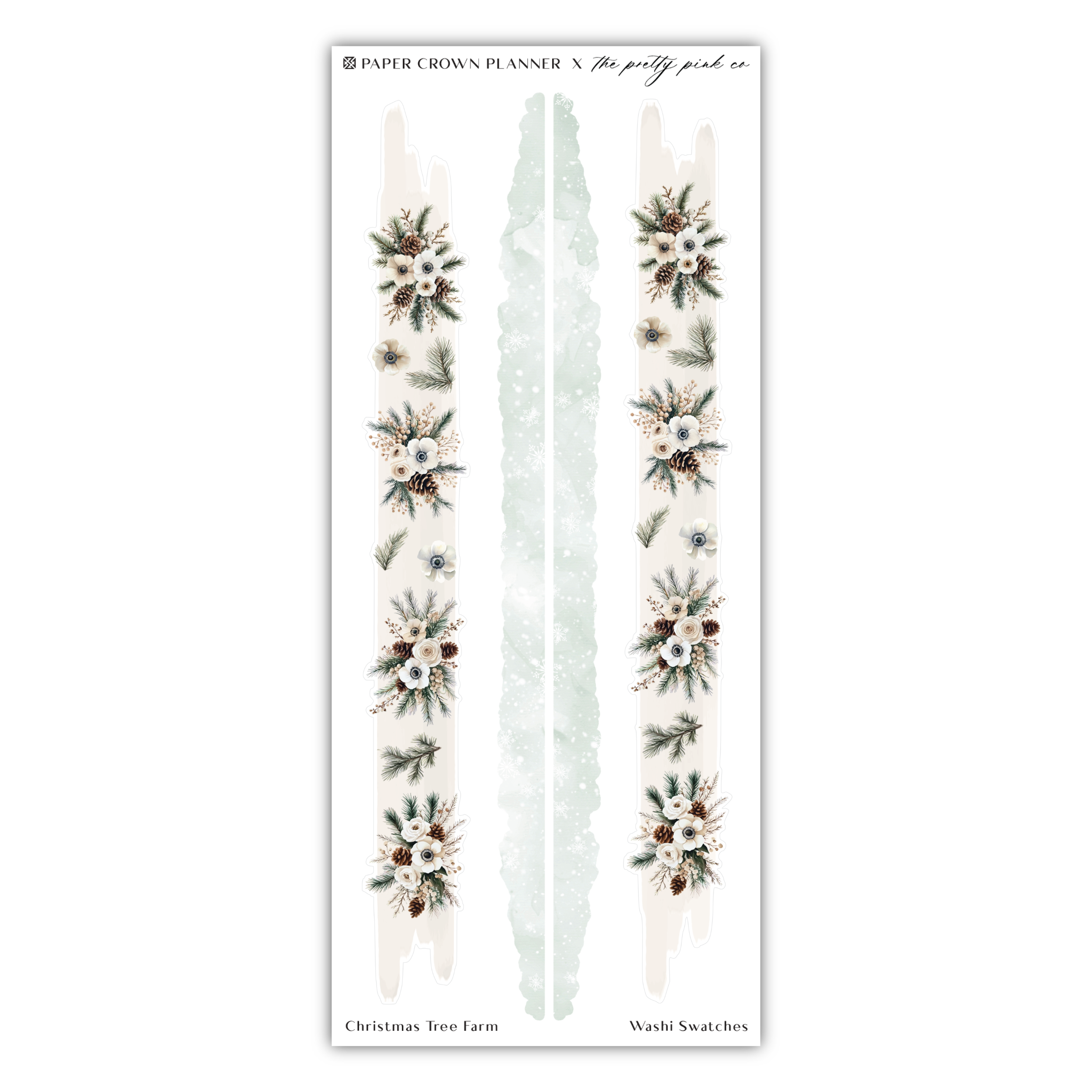 a white sticker with green and white flowers on it