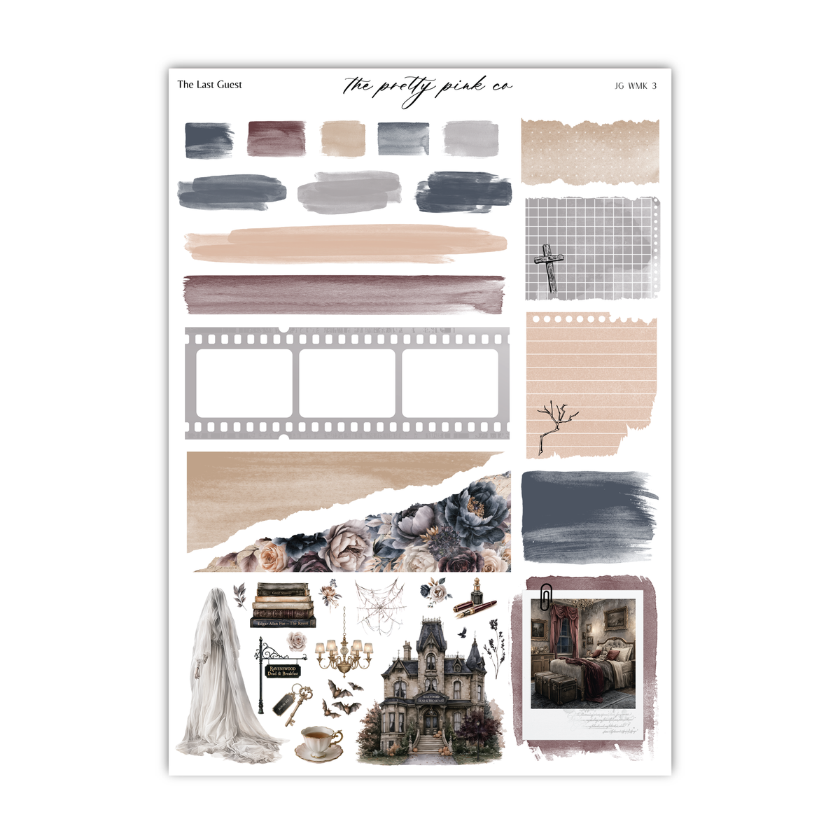 The image is a collage of various artistic elements, including a film strip, a vintage-style house, a bride and groom, and other decorative items.