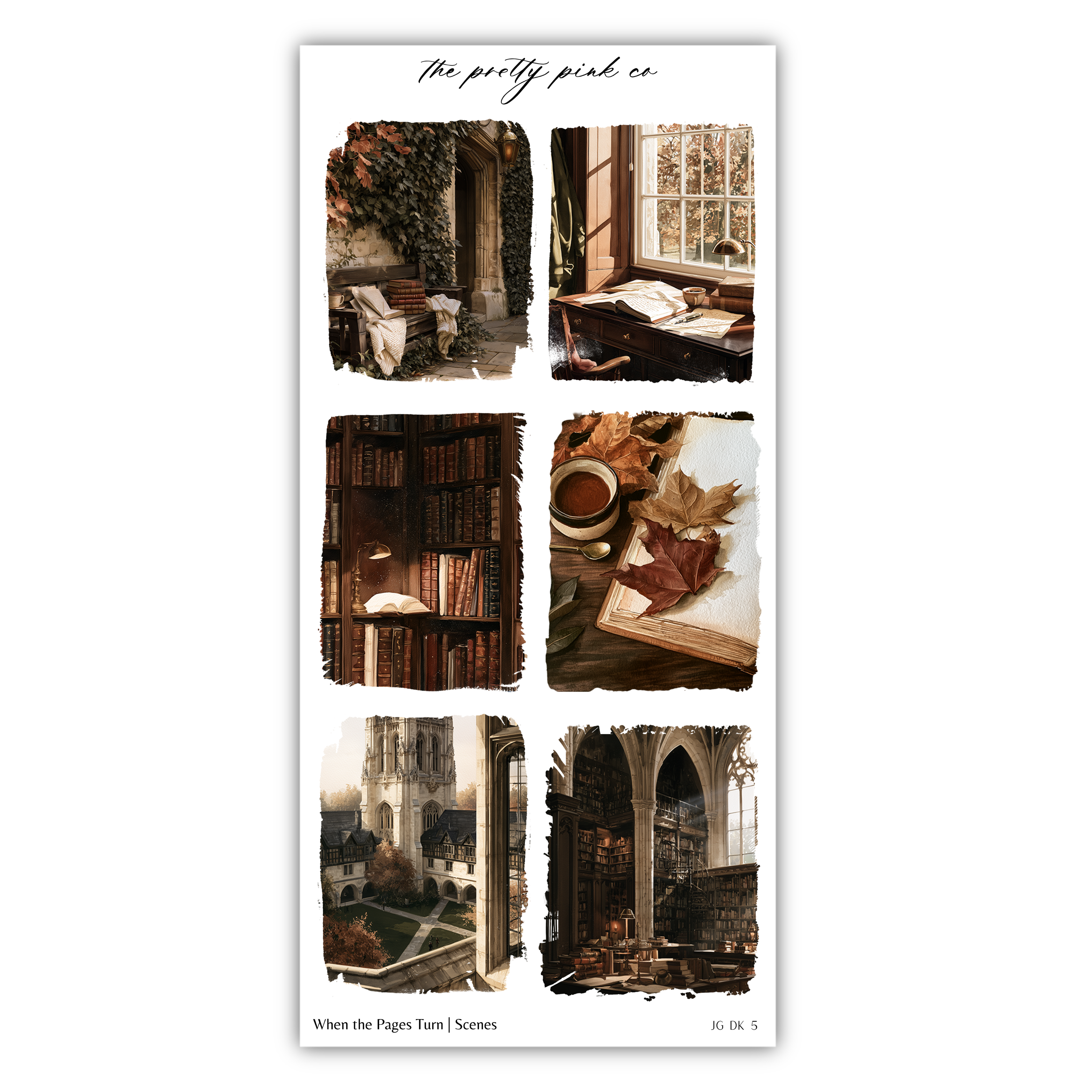 The image is a collage of six different scenes, each depicting a unique setting or object. The collage includes a library, a window, a bookcase, a table with a cup, a book, and a building. The scenes are arranged in a grid format, with each image labeled with a specific title. The collage does not contain any redundancy or vague descriptions, and it focuses on the individual elements of each scene rather than providing a comprehensive description of the entire image.