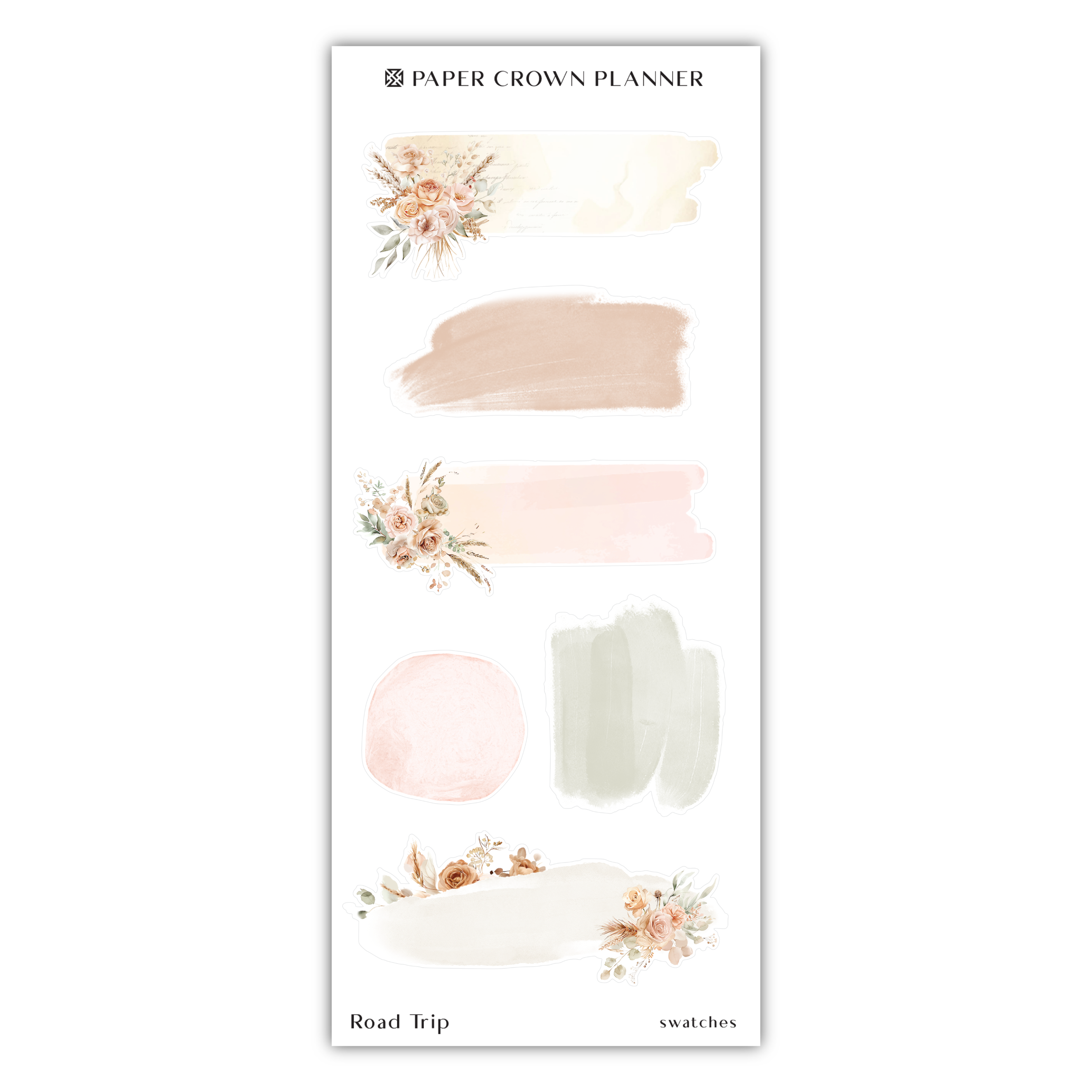 the paper crown planner stickers are shown in various shades of pink, peach and