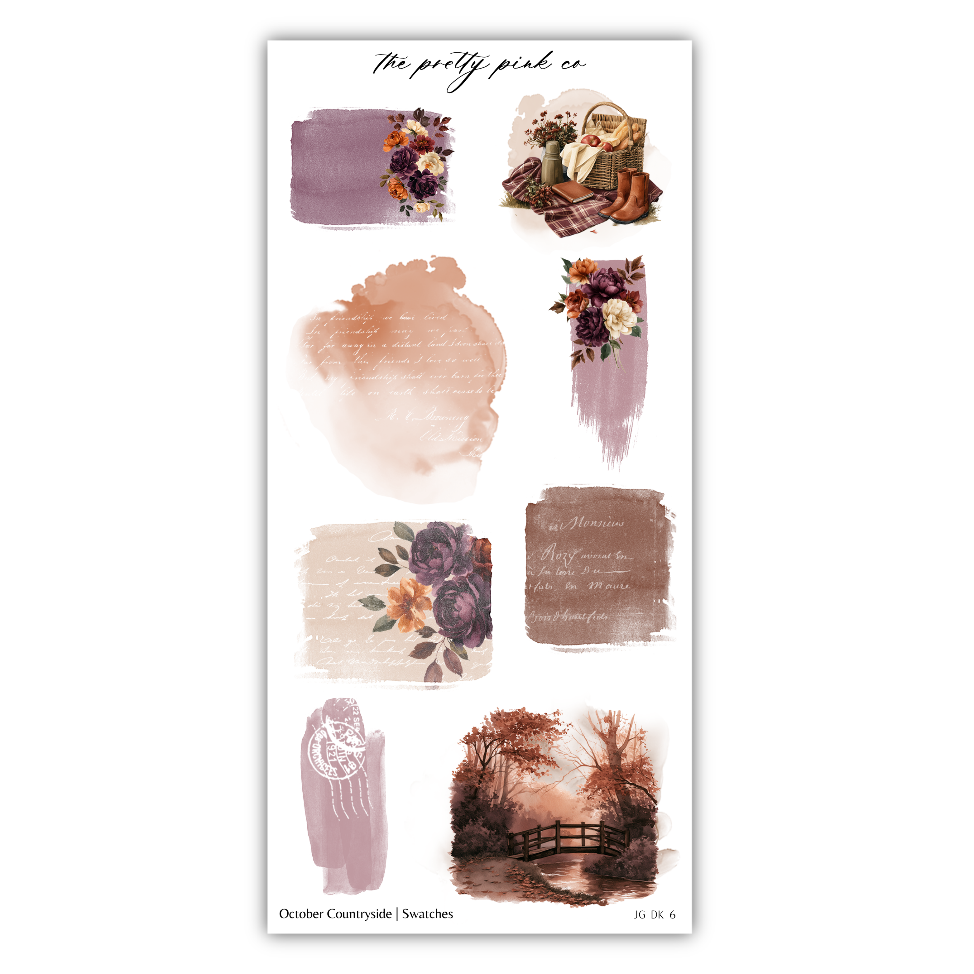 various artistic elements, including floral designs, abstract shapes, and a landscape scene, all arranged in a visually appealing manner.