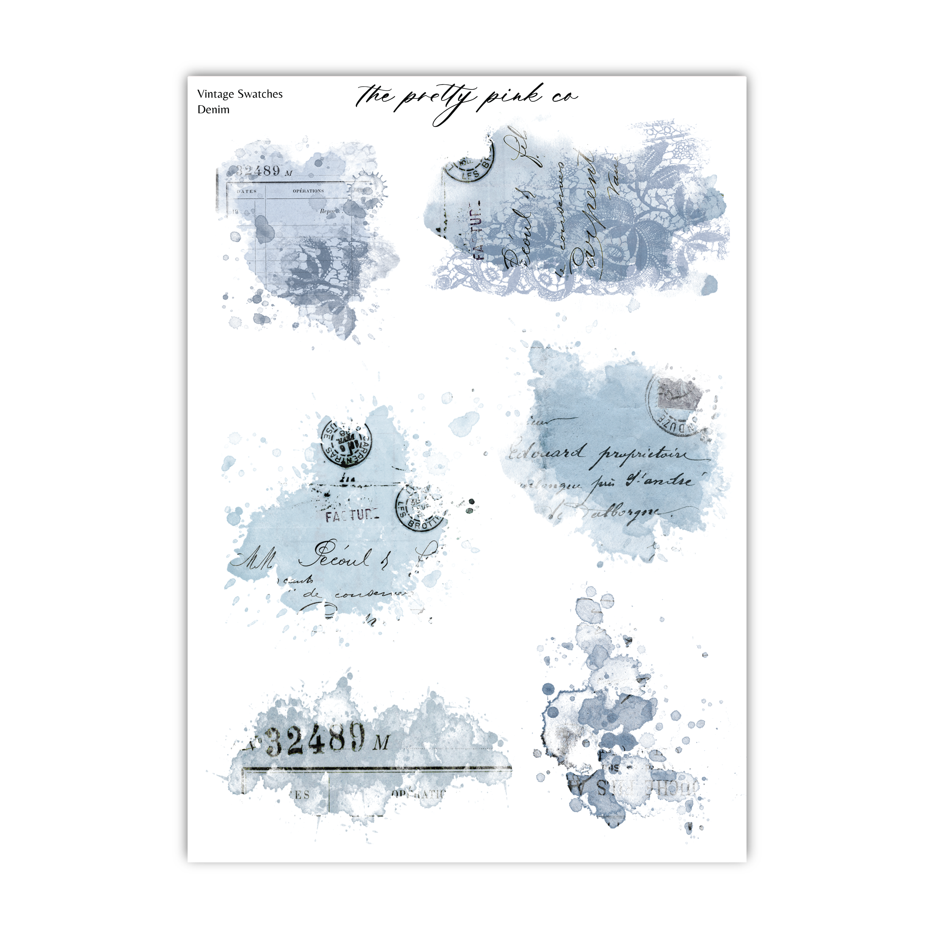 various watercolor splatter effects and handwritten text, including phrases like "Vintage Searches Denim", "The pretty pink co", and "The pretty pink co". The text appears to be handwritten and scattered across the image, creating a collage-like effect.