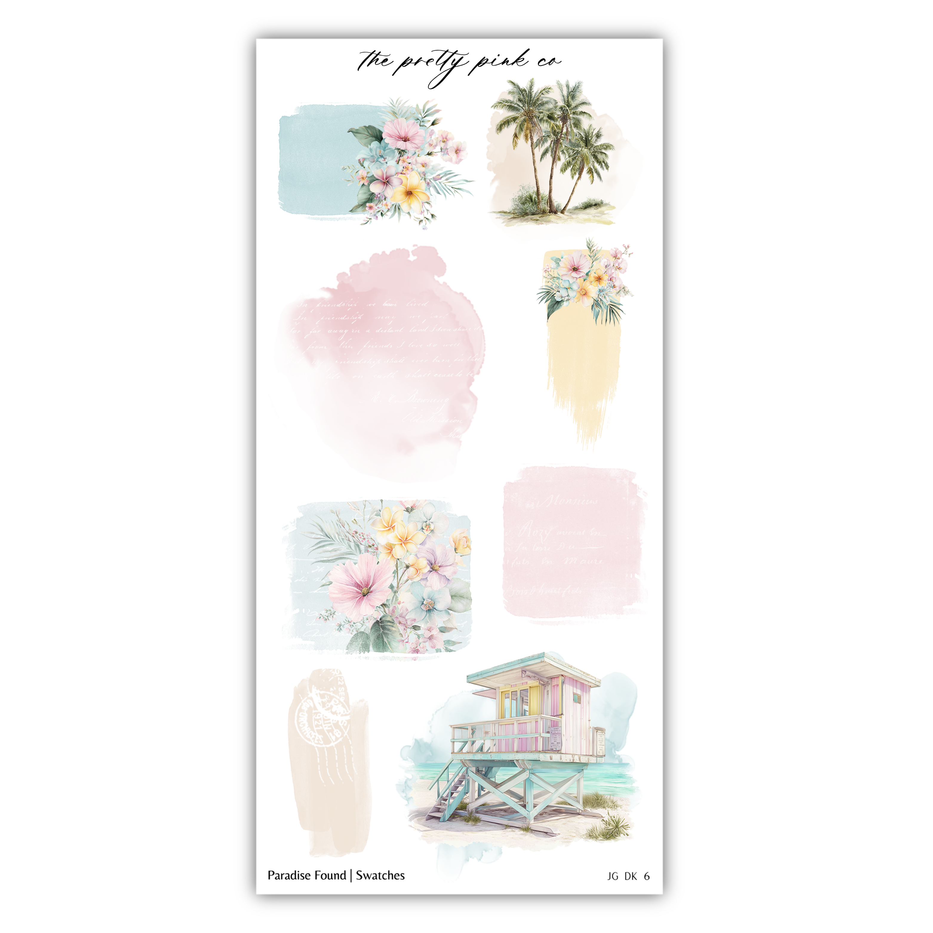 various watercolor-style illustrations, including floral designs, a lifeguard tower, and a beach scene.
