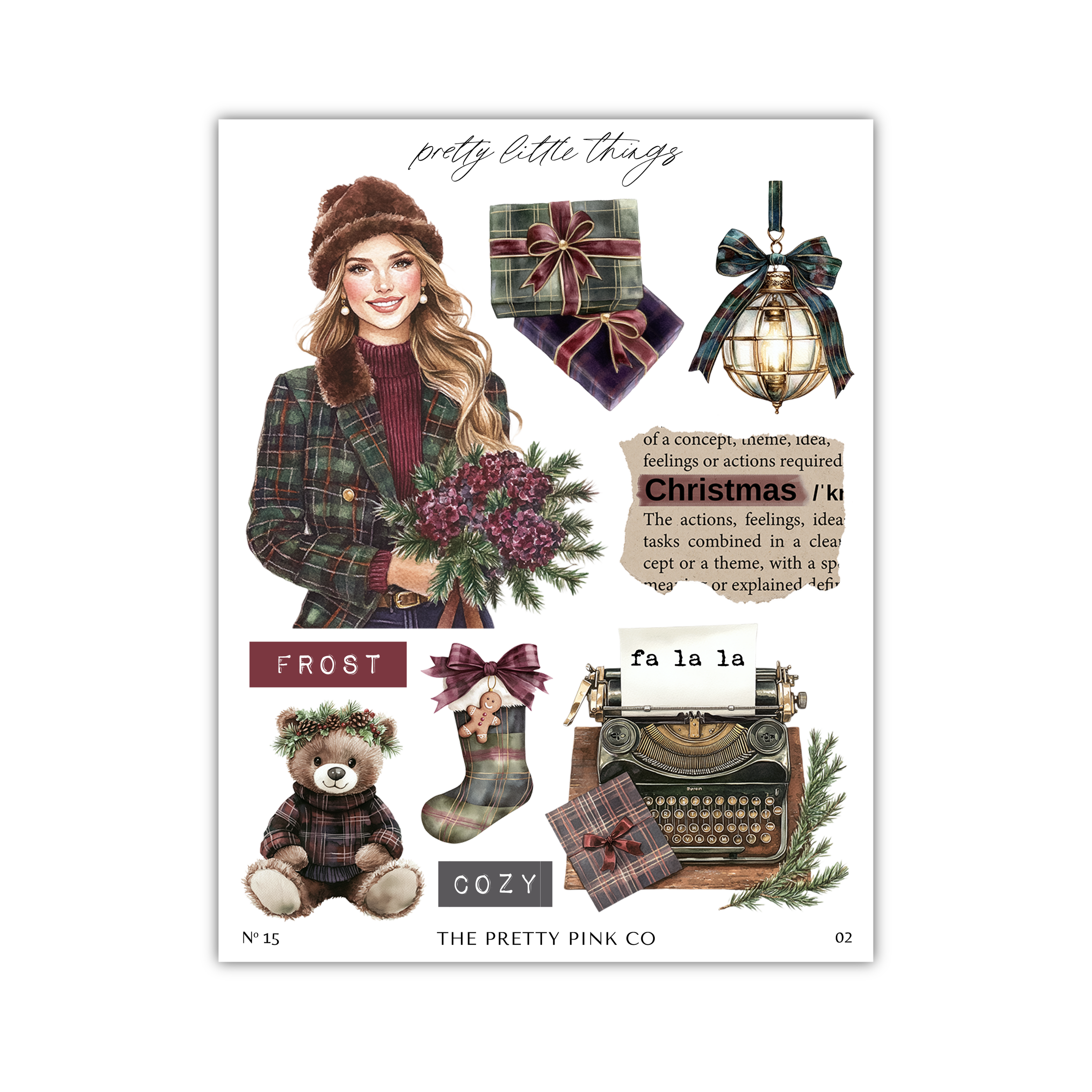 The image is a collage of various Christmas-themed items, including a woman in a plaid coat holding flowers, a teddy bear, a typewriter, and other holiday decorations.