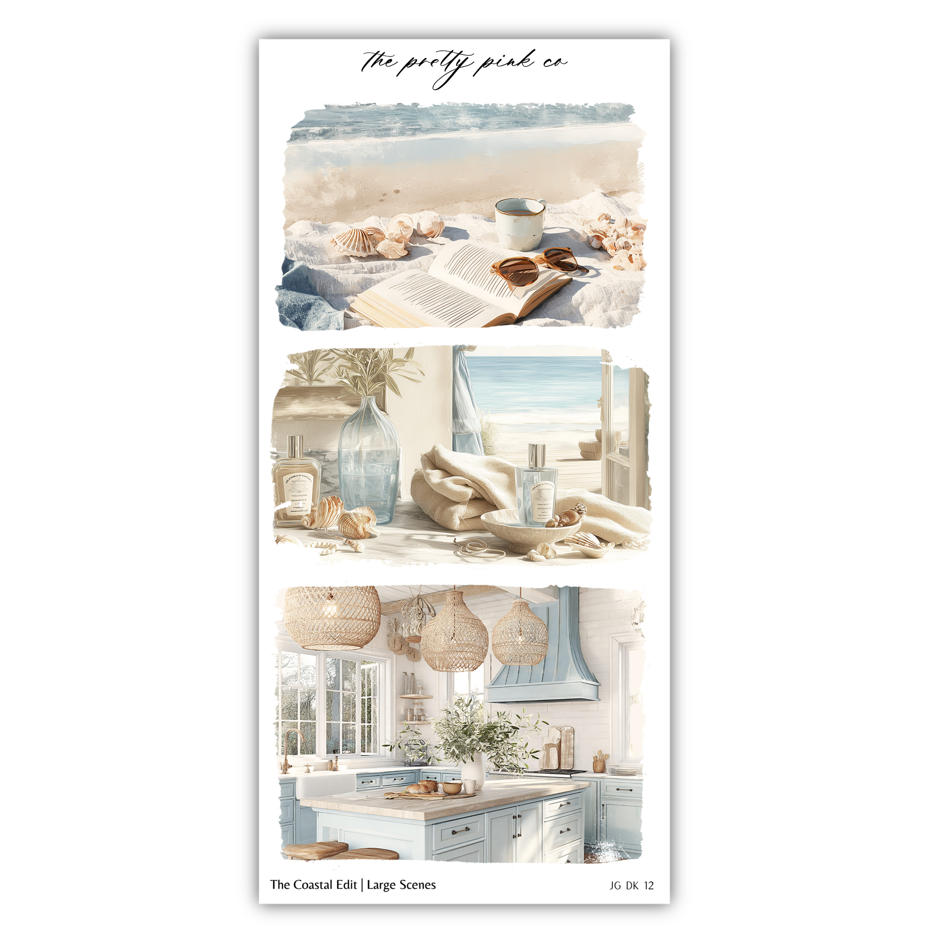 The image is a collage of three pictures depicting various scenes, including a beach, a kitchen, and a coastal interior.