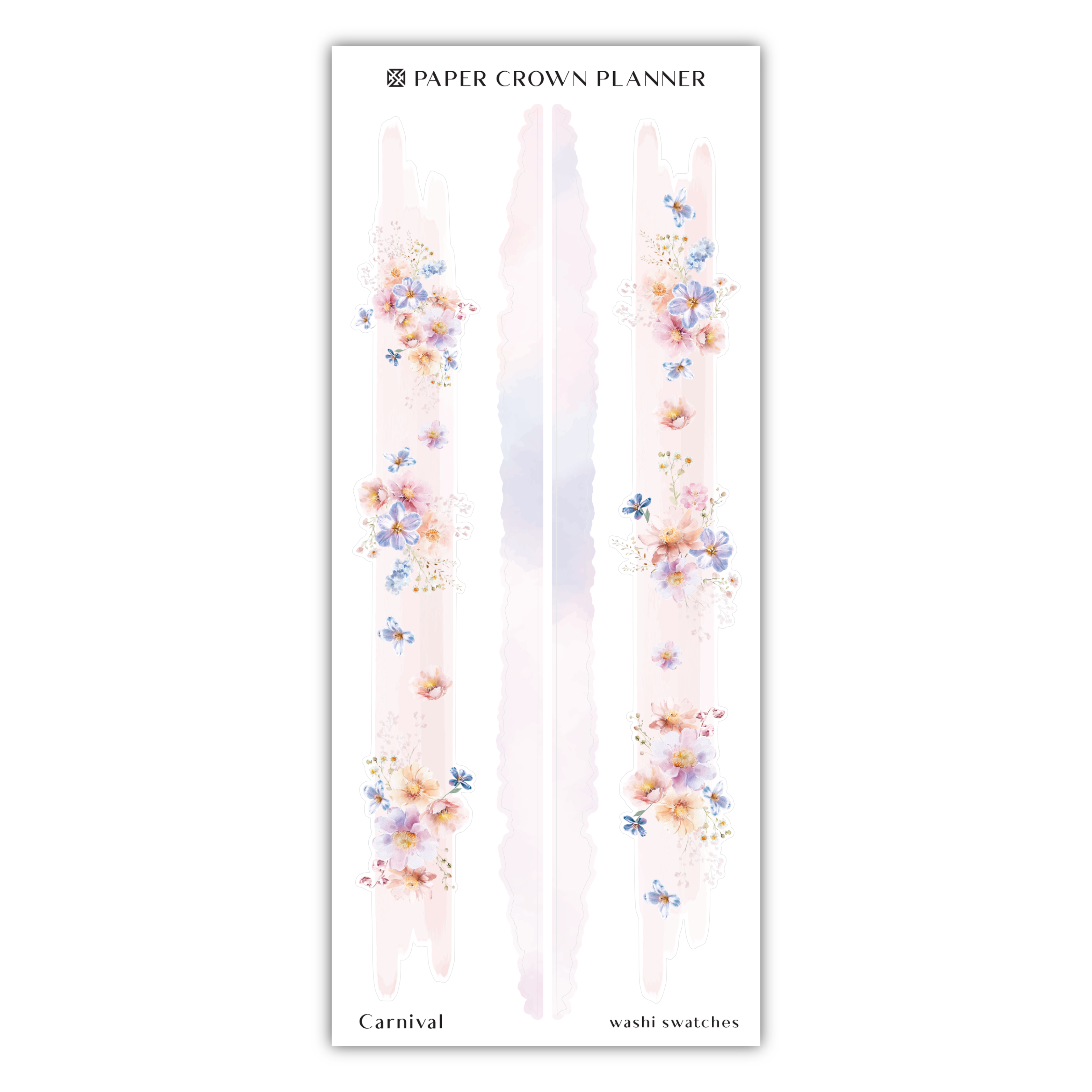 a pink and blue striped sticker with flowers on it
