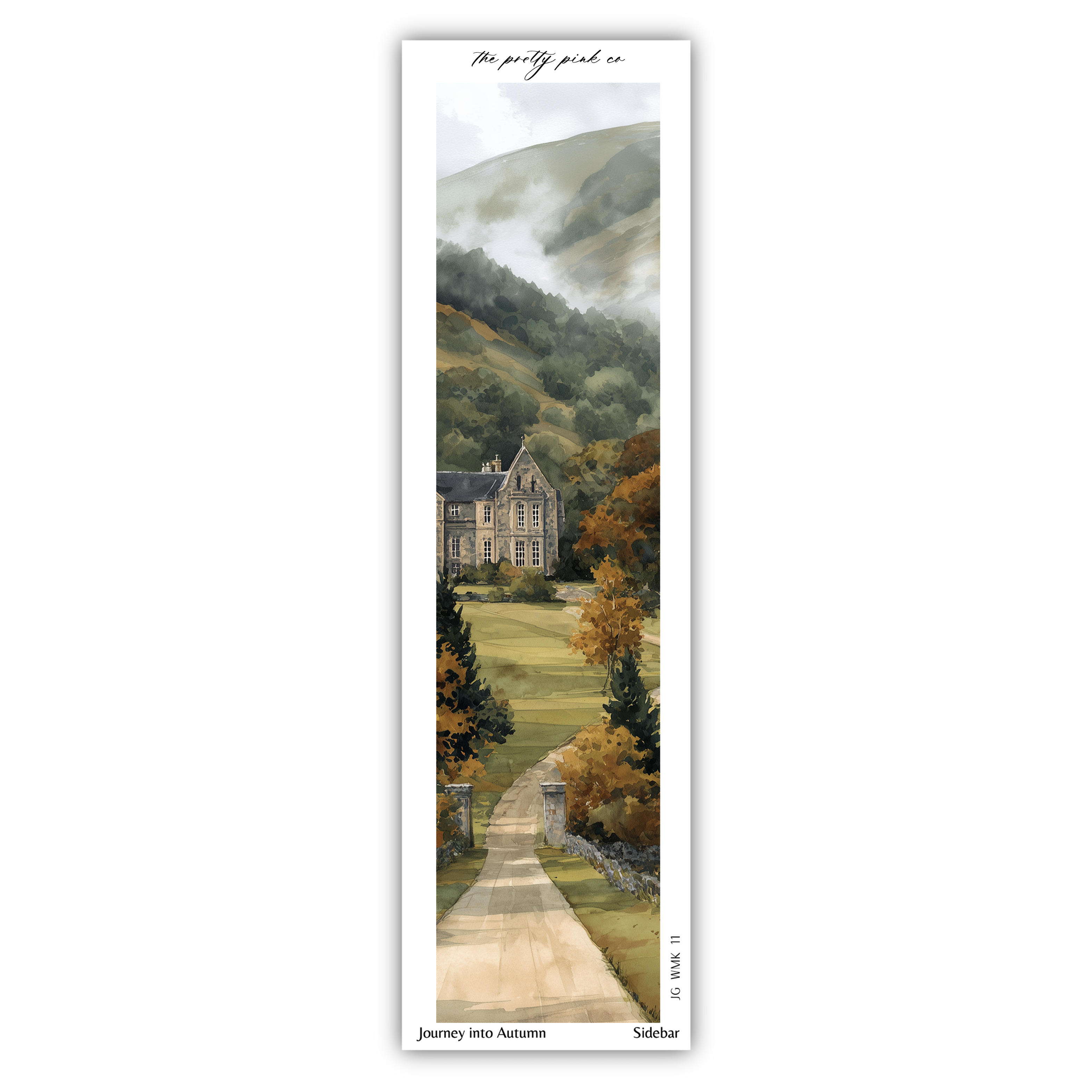 A painting of a house surrounded by trees and a path leading to a mountain in the distance, with a cloudy sky above.