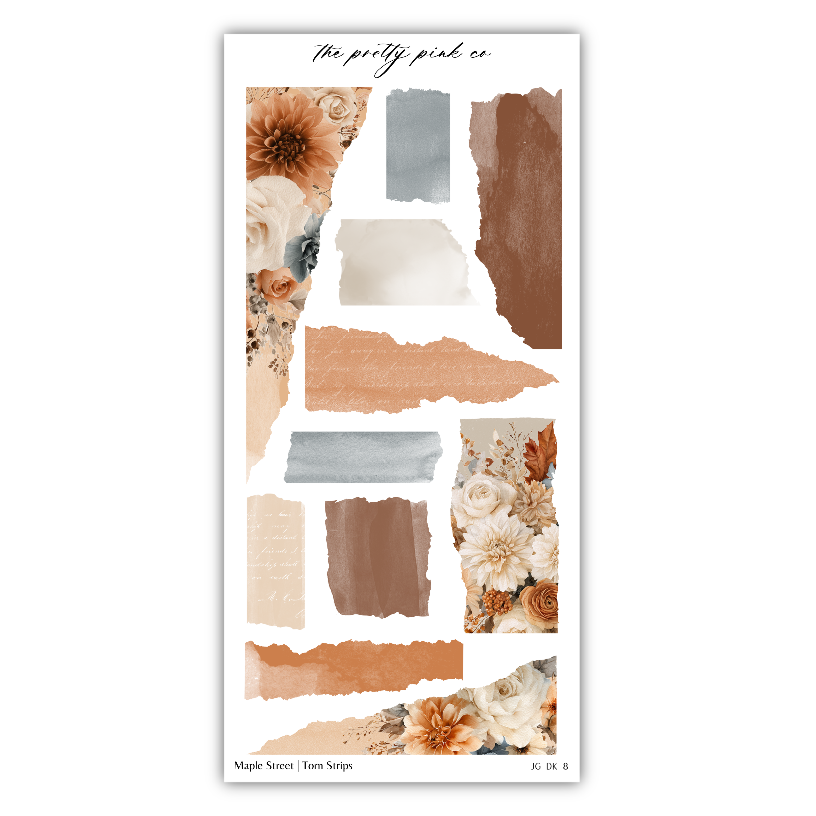 The image is a collage of various abstract shapes and patterns, including floral elements and torn strips, arranged in a visually appealing manner.