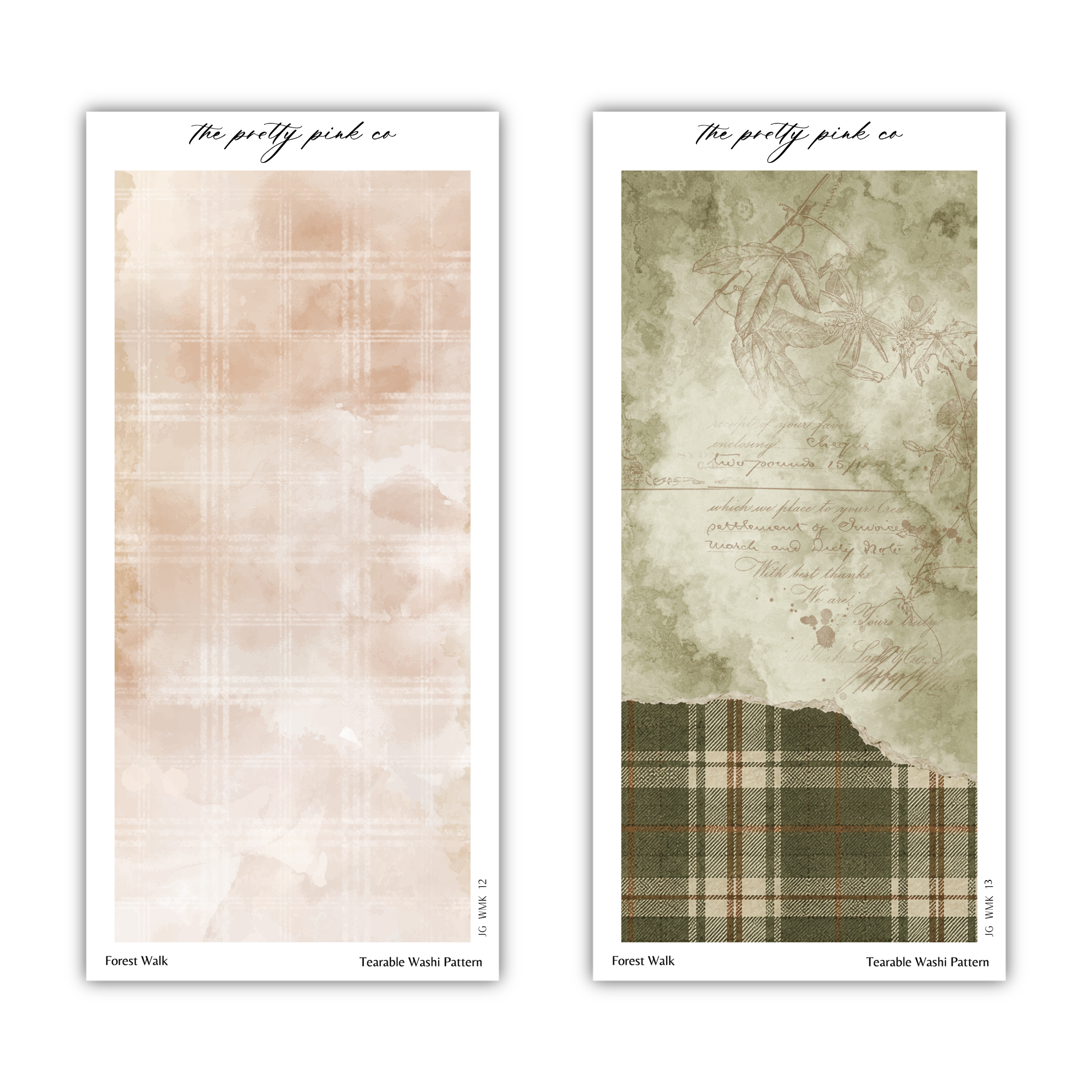 two different patterns, one with a watercolor-like texture and the other with a distressed, aged appearance. The text above the images reads "The pretty pink co" and "The pretty pink co" is written in cursive.