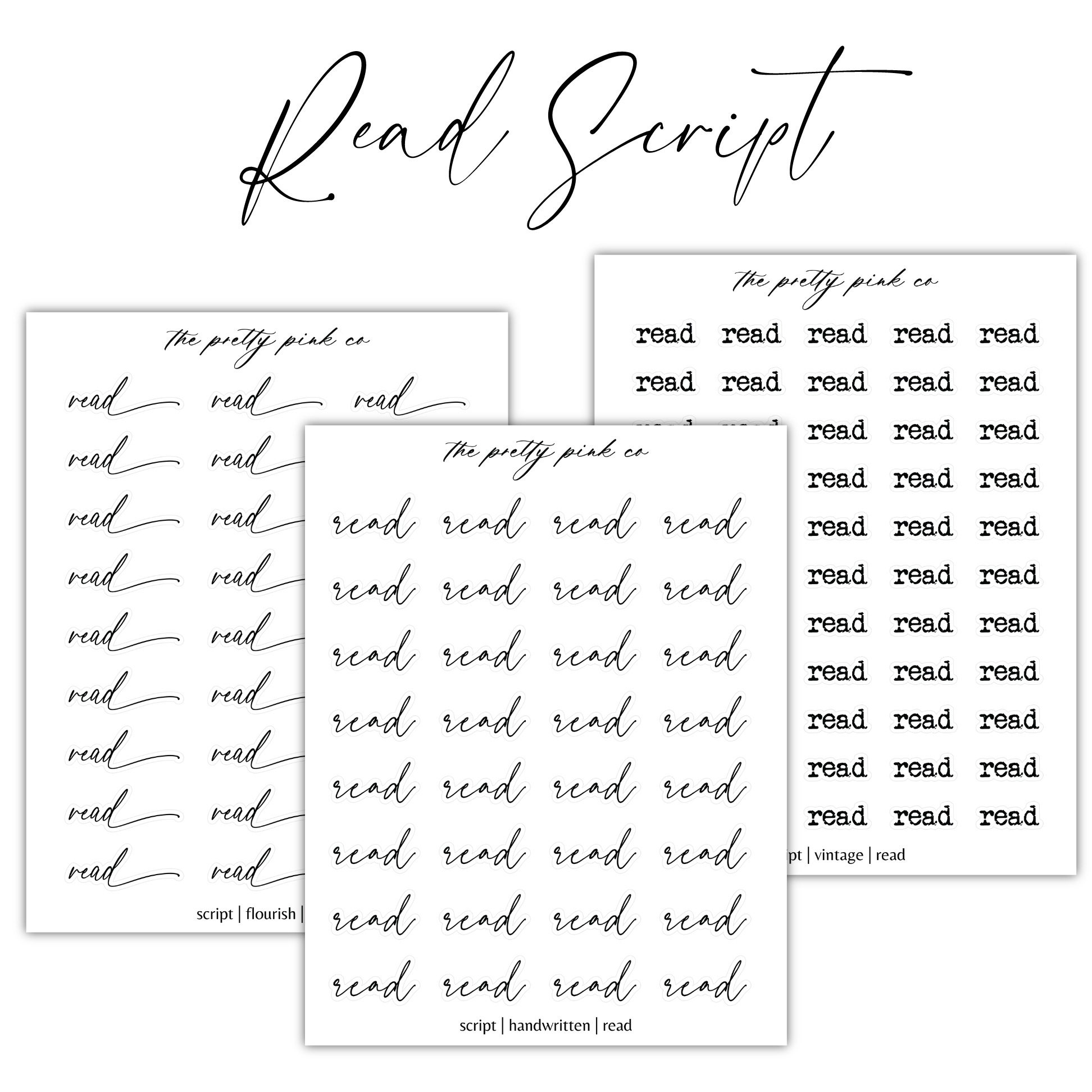 a set of three handwriting samples with the words read script