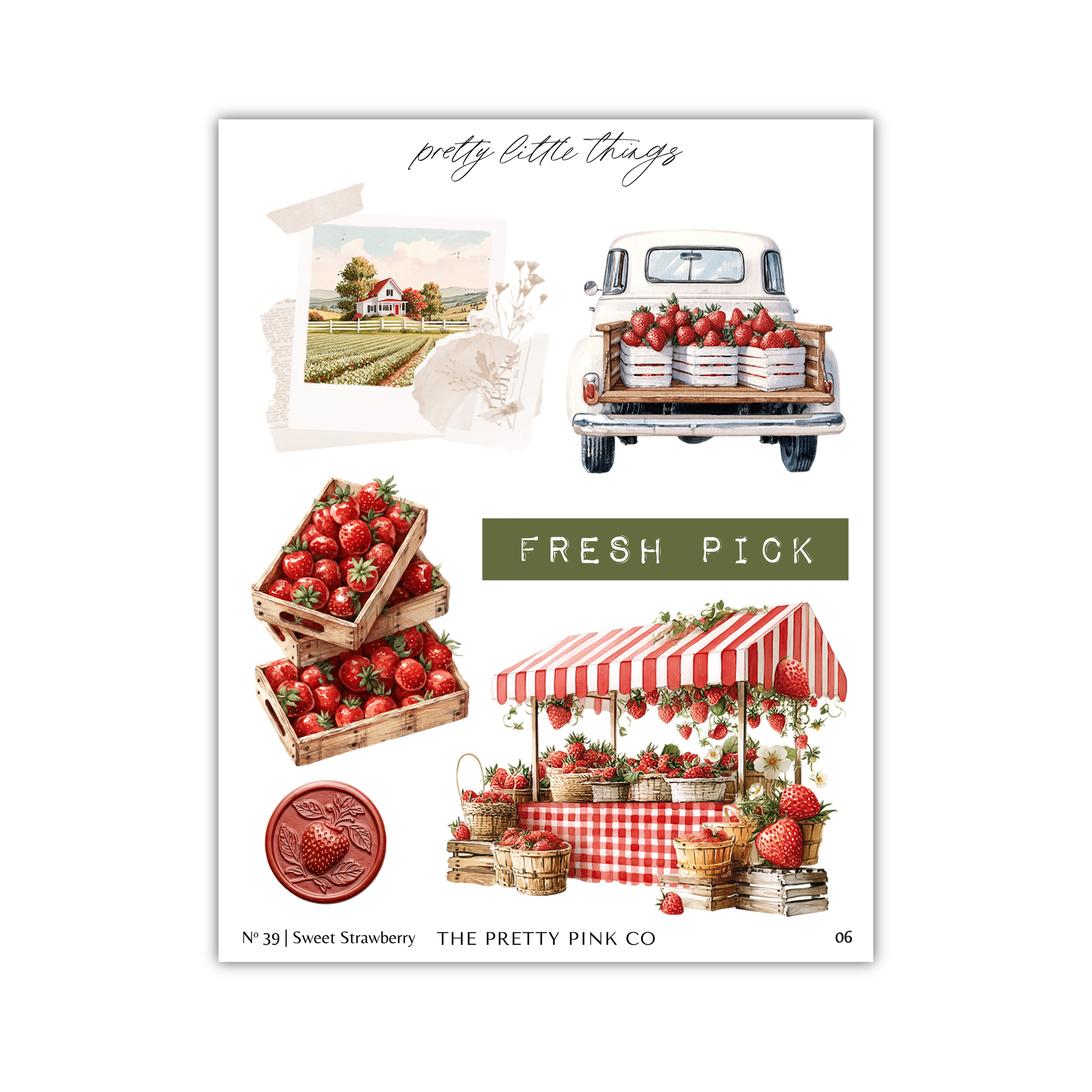 The image is a collage of various images related to fresh strawberries, including a truck full of strawberries, baskets of strawberries, and a strawberry stand.