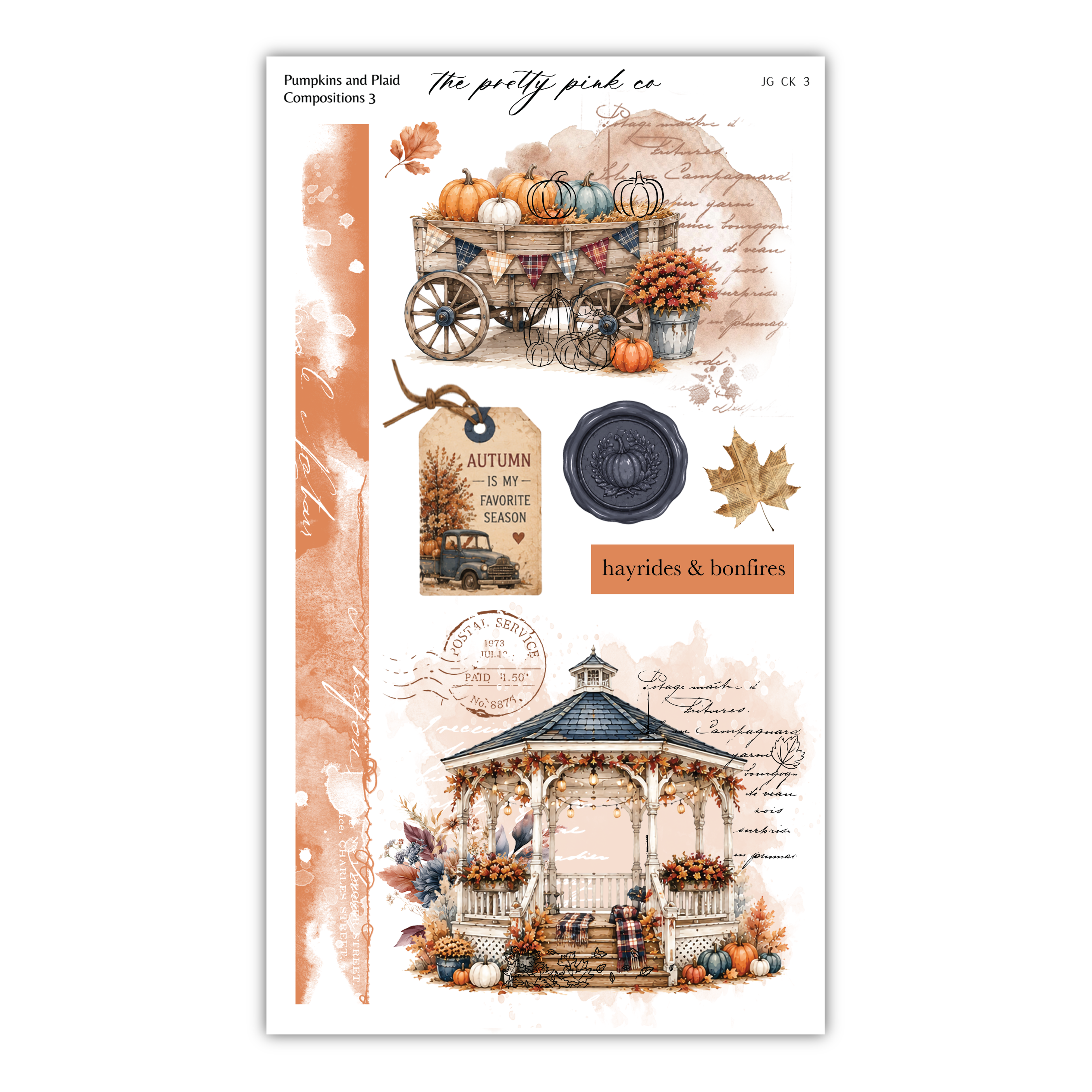 The image is a collage of various autumn-themed elements, including pumpkins, a gazebo, and a wagon filled with pumpkins. The collage is titled "The pretty pink co" and includes a postcard, a seal, and a note.