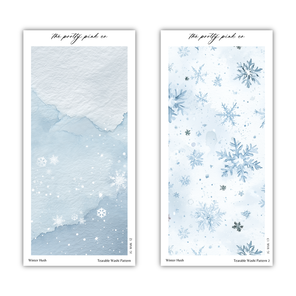two identical pictures of a snowy scene, each with a different pattern of snowflakes. The text above the images reads "The pretty pink co" and "The pretty pink co" is written in cursive.