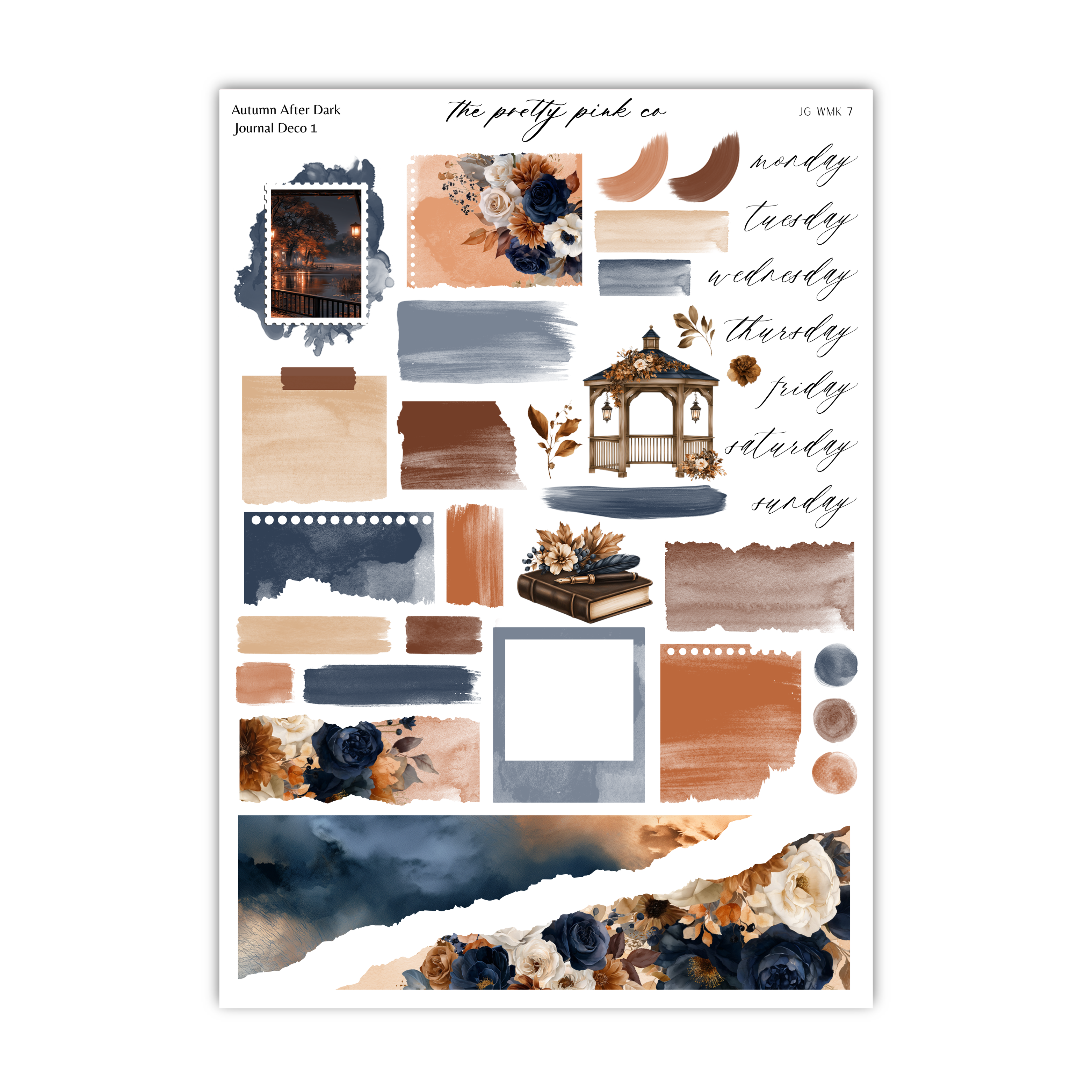 The image is a collage of various autumn-themed elements, including a gazebo, flowers, leaves, and a book. The collage is organized into different sections, each with its own color palette and design. The overall theme of the collage is autumn, with a focus on the colors and textures associated with this season.