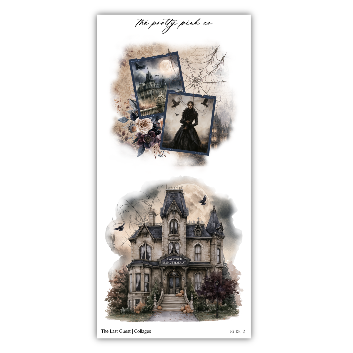 The image is a collage featuring a Victorian-style house, a woman in a black dress, and a spider web.