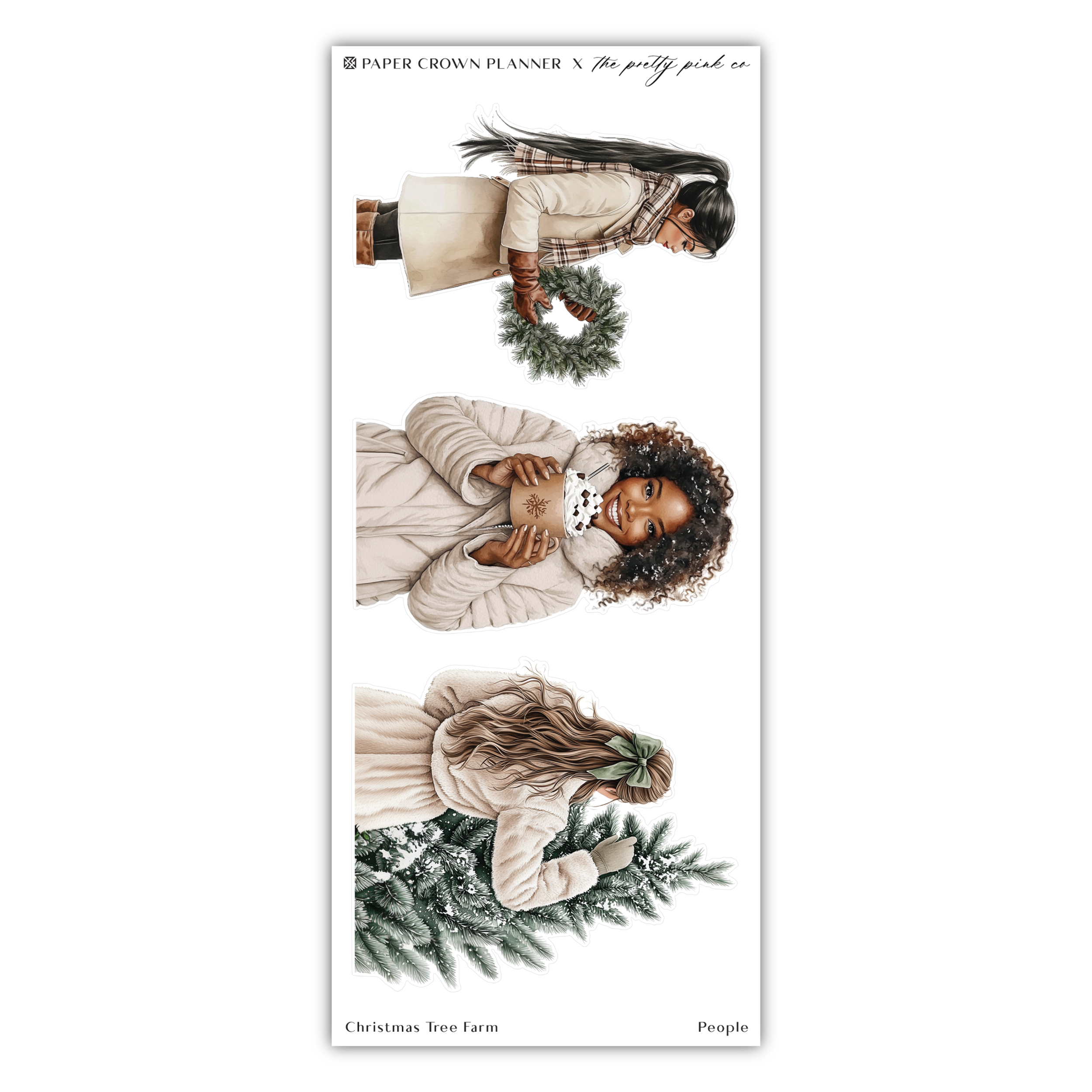 two stickers of a woman and a man with christmas wreaths