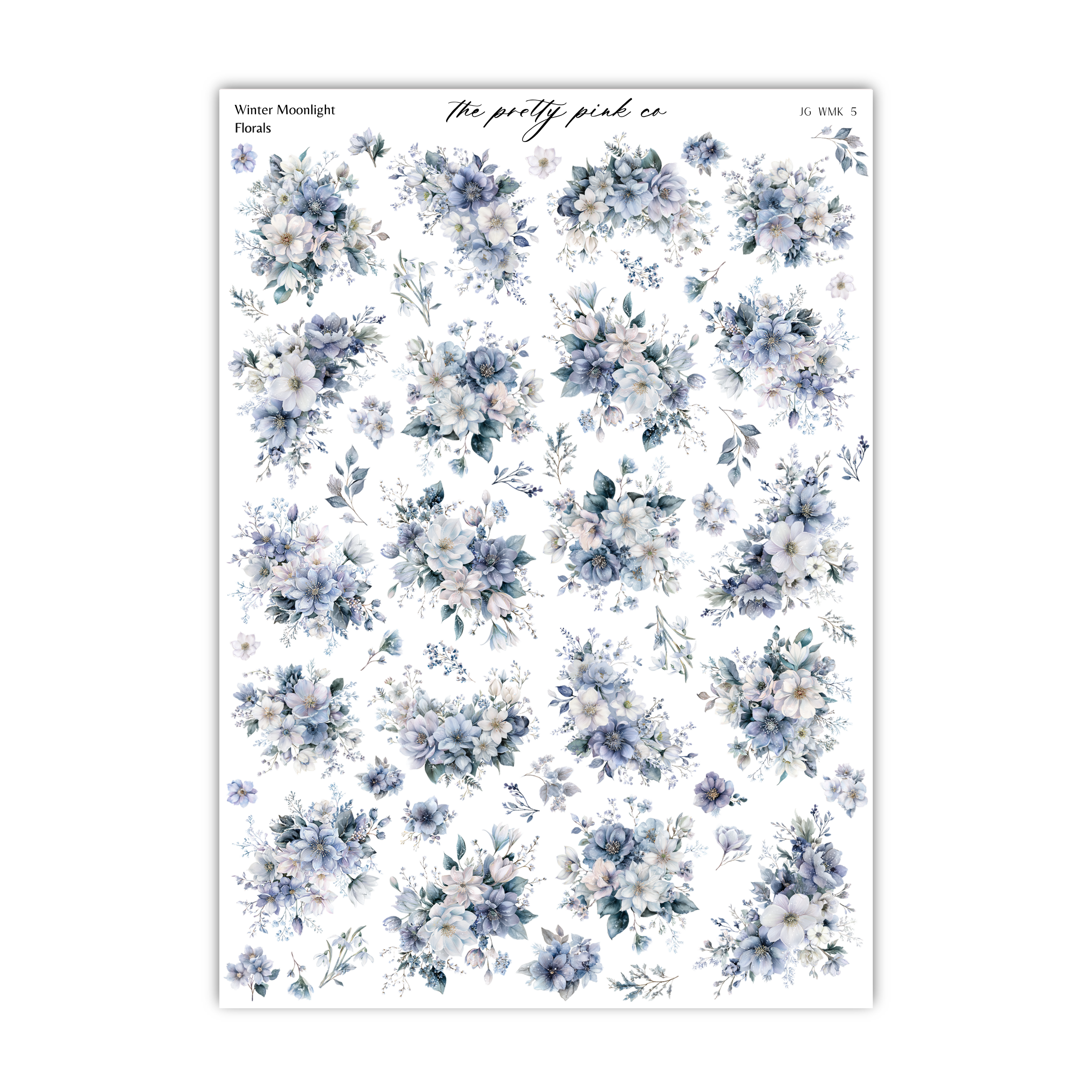 a collection of floral patterns in shades of blue and white, arranged in a grid-like pattern.