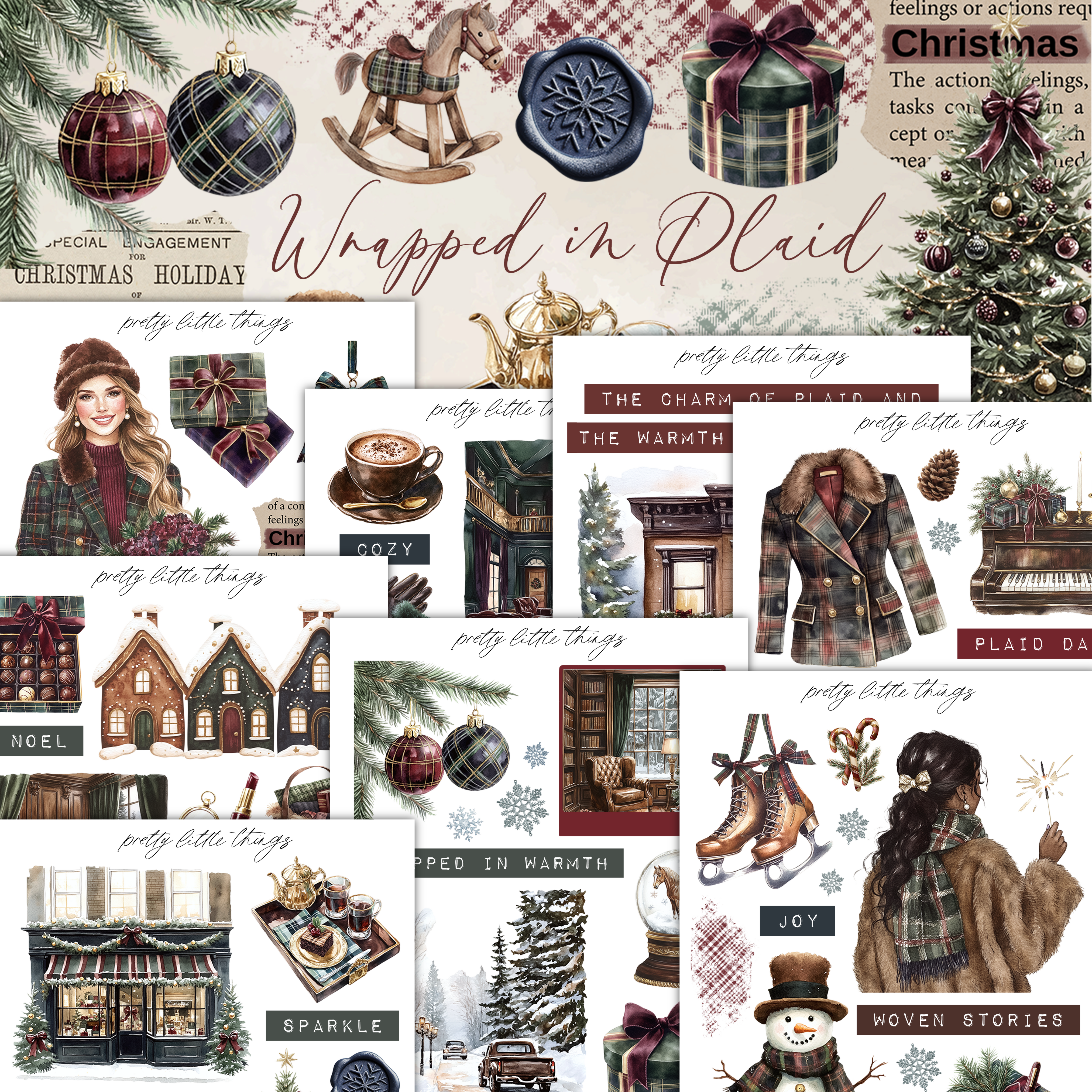 The image is a collage of various Christmas-themed illustrations and objects, including ornaments, a Christmas tree, a rocking horse, and other holiday-related items.