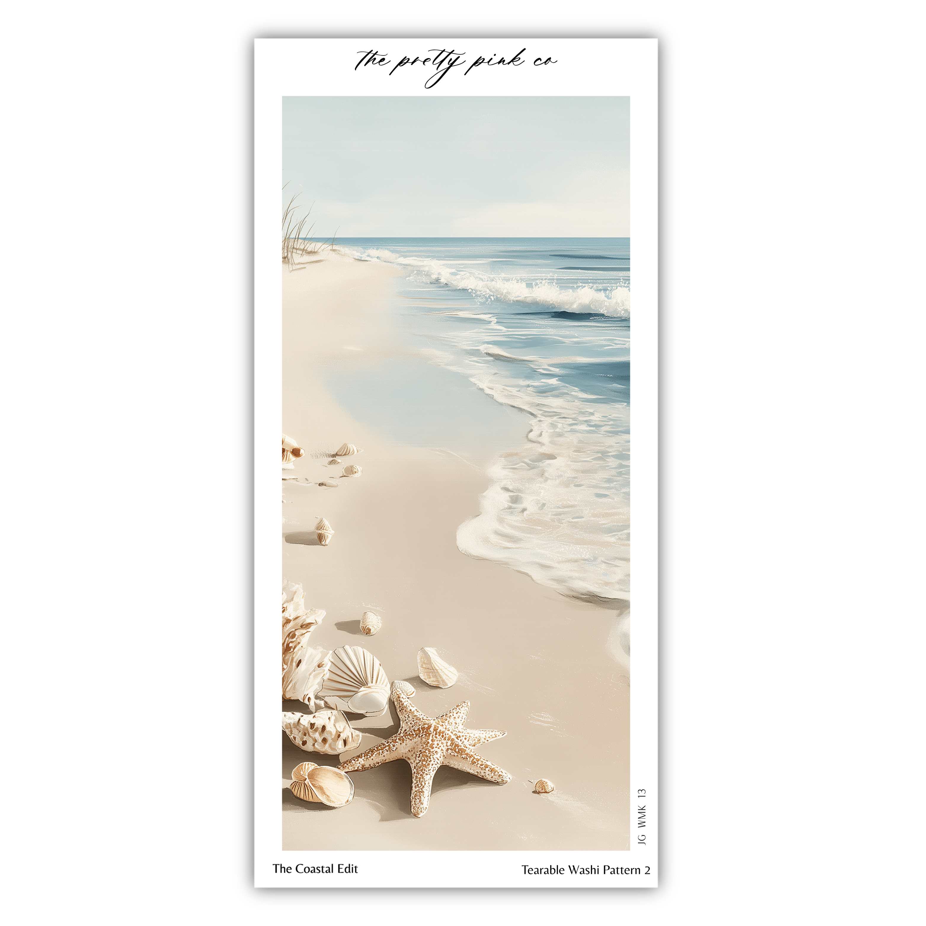 a serene beach scene with a clear blue sky, calm ocean waves, and a sandy shoreline with seashells and starfish.