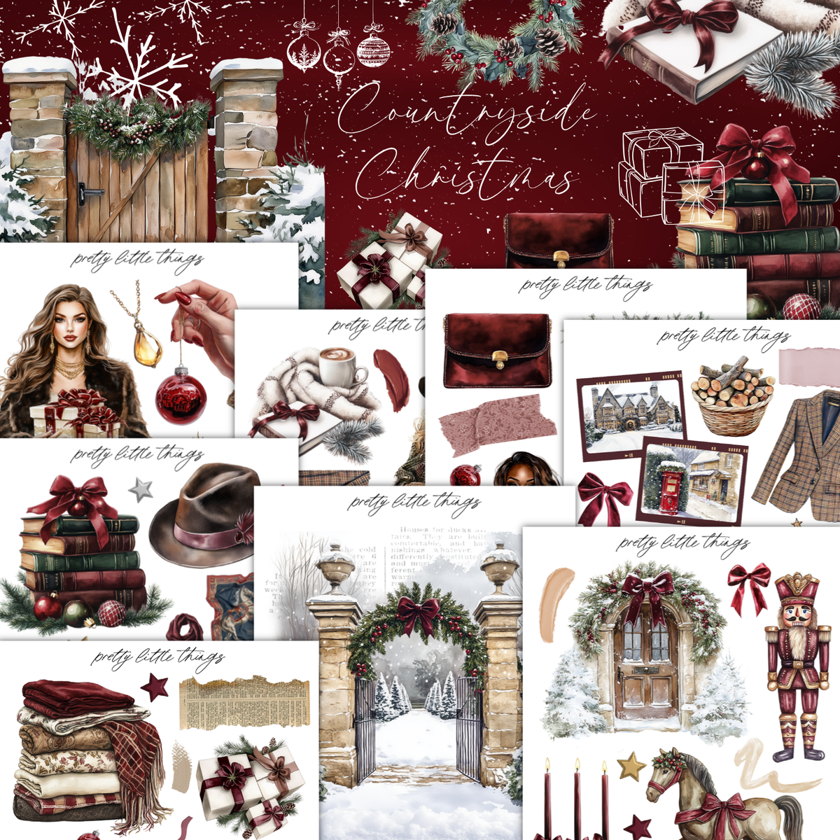 The image is a collage of various Christmas-themed items and decorations, including a wreath, presents, books, and other festive elements.