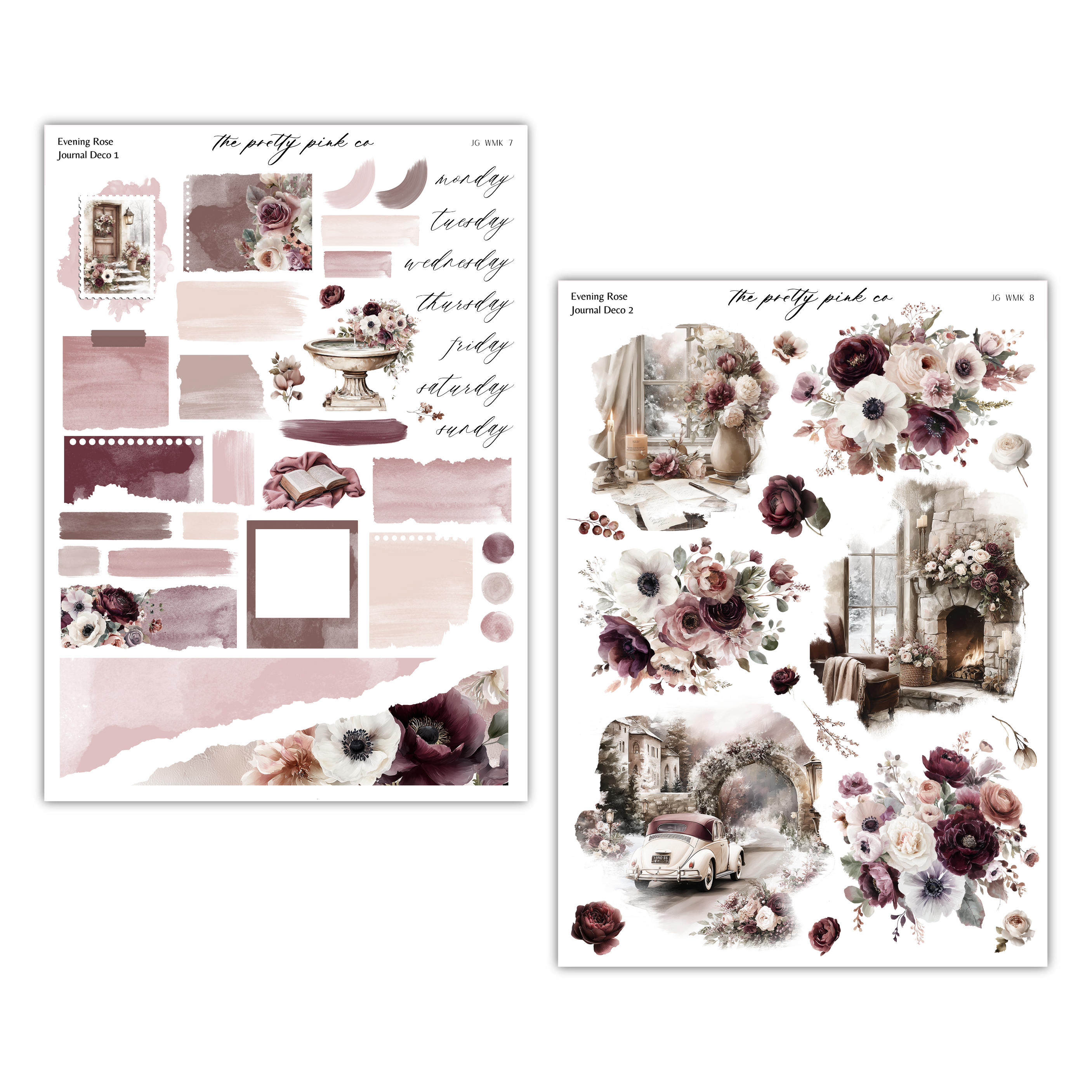a collection of floral and decorative elements, including flowers, vases, and other decorative items. The overall color palette is predominantly pink and white, with some purple and brown accents. The image appears to be a collage or a set of individual images that have been combined to create a larger, cohesive design.