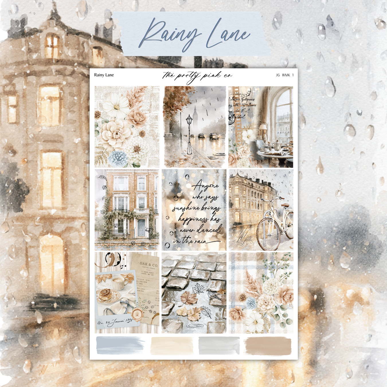 The image is a collage of various scenes and objects, including a building, flowers, and a bicycle, all set against a rainy background.
