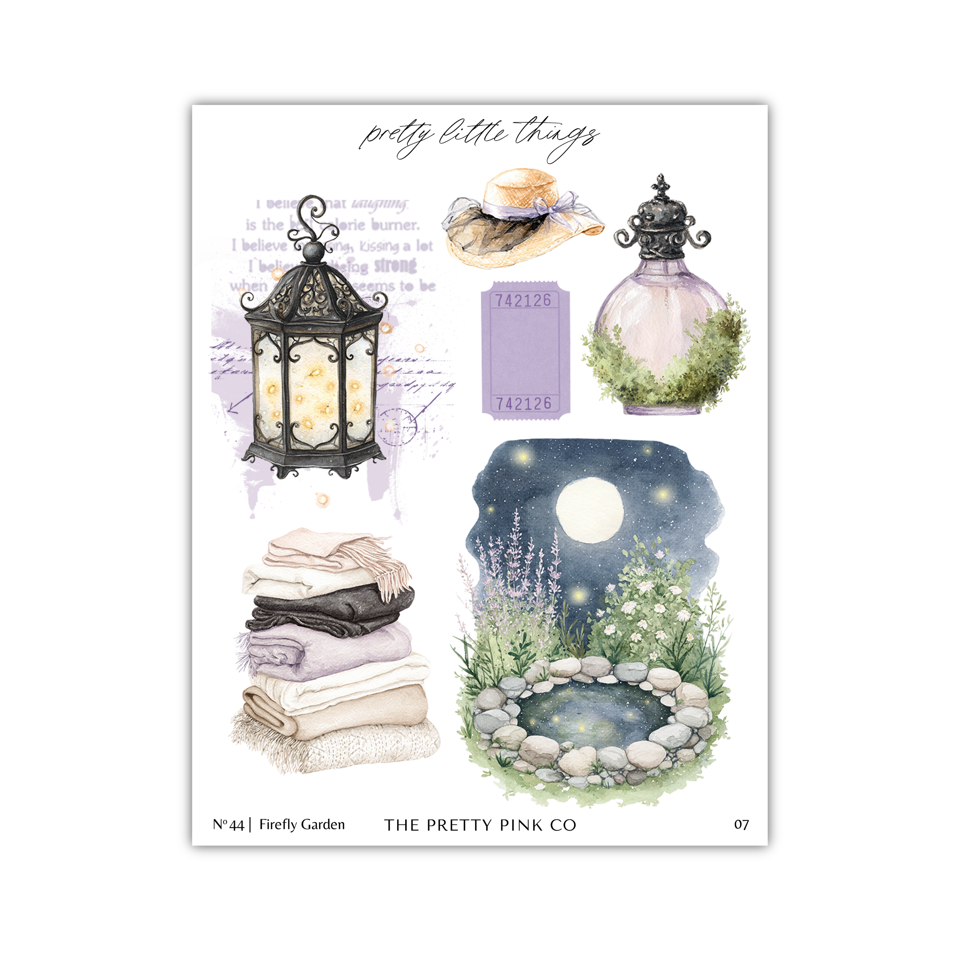 The image is a collage of various decorative items, including a lantern, a bottle, a hat, a lantern, a stack of clothes, a pond, and a night sky. The collage is titled "pretty little things" and includes the text "The pretty pink co" and "N° 44 | Firefly Garden".