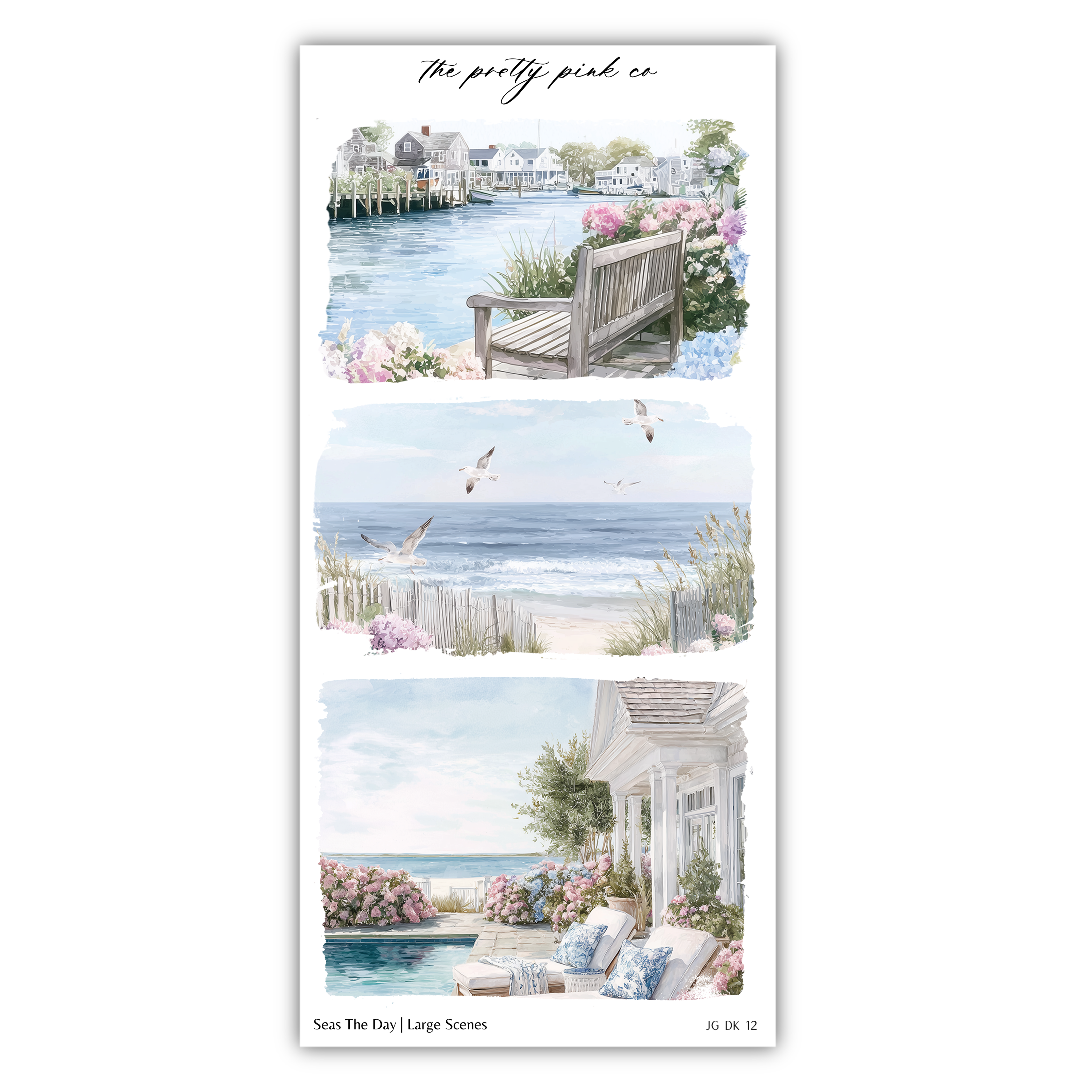 The image is a collage of three pictures depicting various scenes, including a wooden bench overlooking a body of water, a serene beach with a wooden walkway, and a charming white house with a porch.