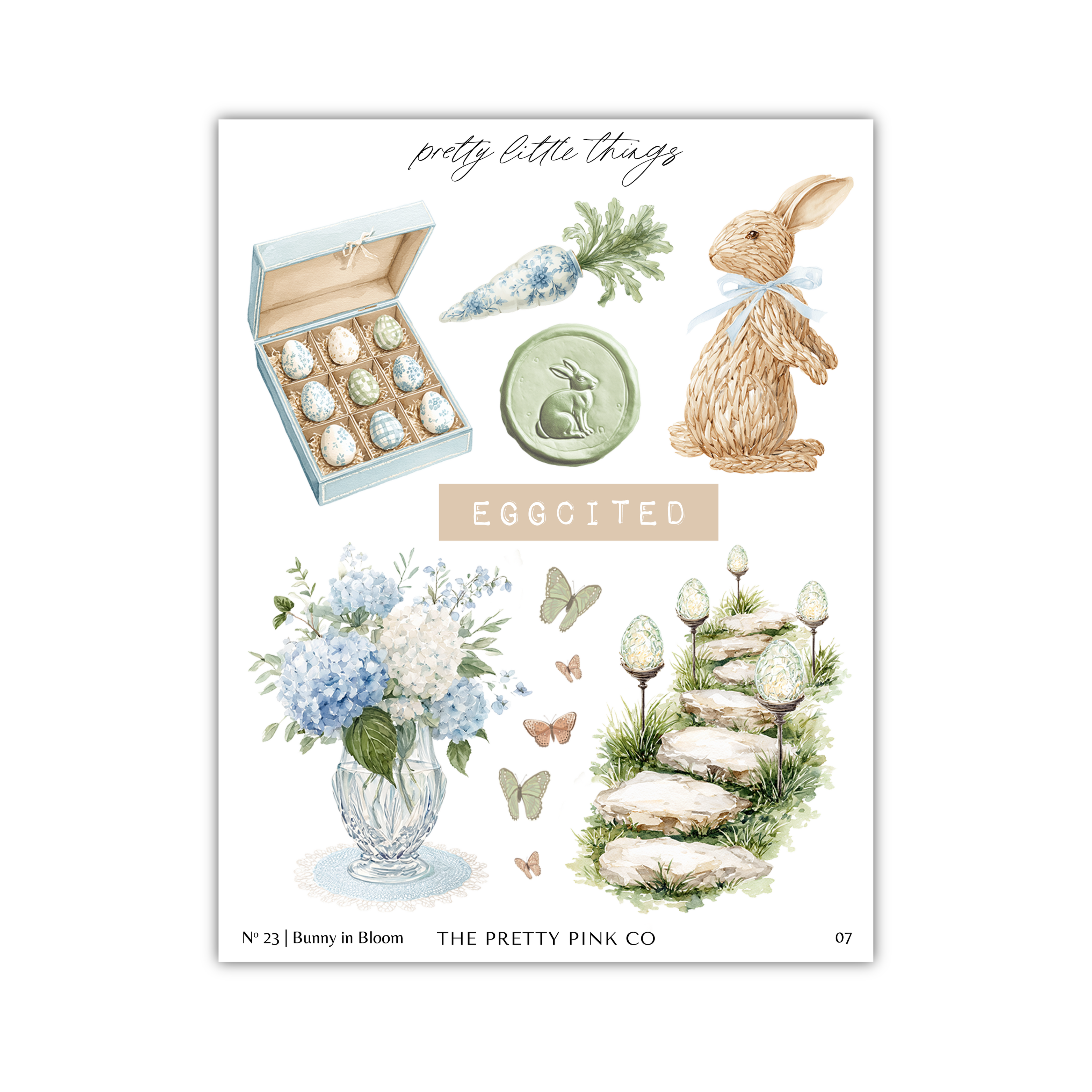 The image is a collage of various Easter-themed items, including a box of Easter eggs, a bunny in bloom, a vase of blue hydrangeas, and a set of steps leading to a rabbit.