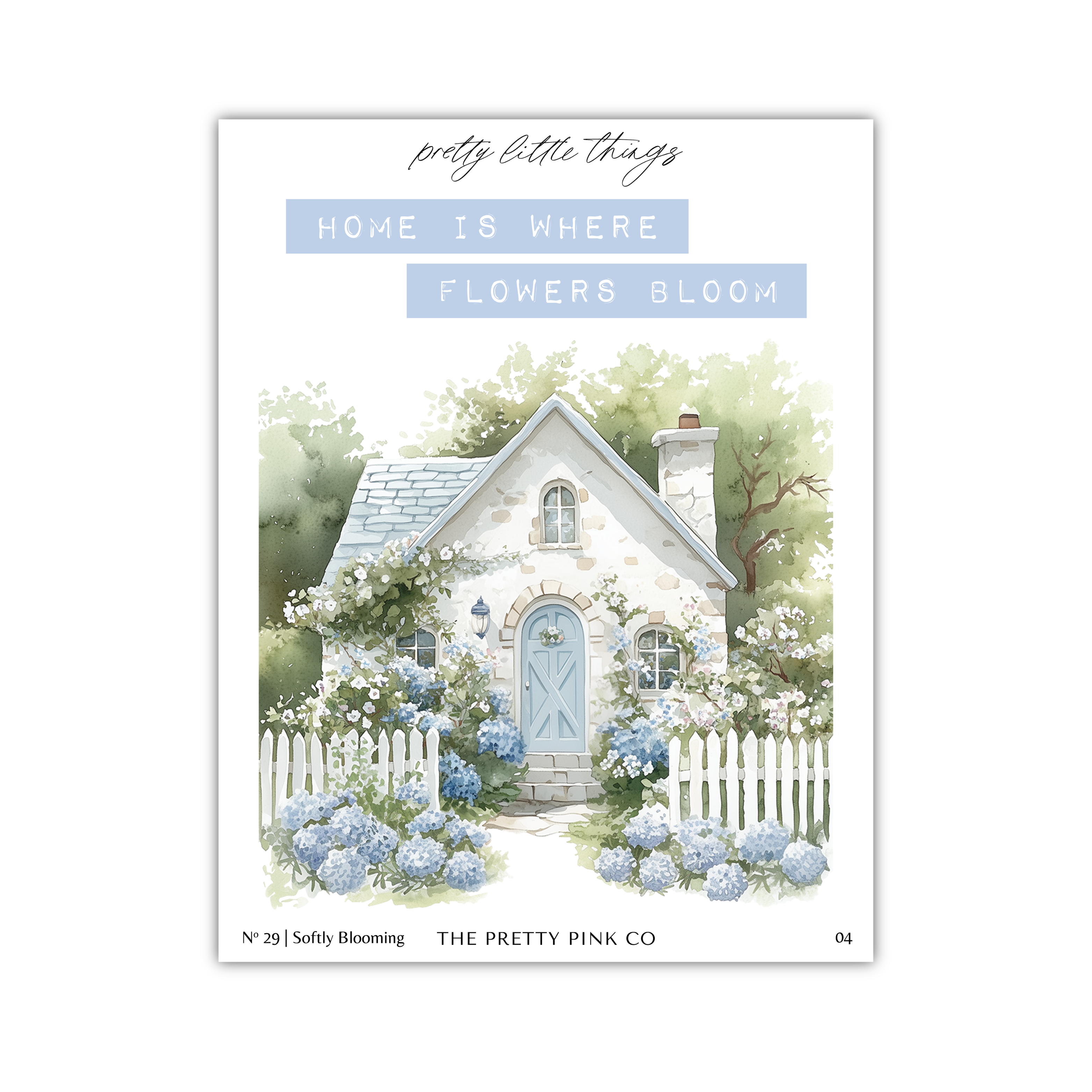 The image is a watercolor painting of a quaint cottage surrounded by a white picket fence and blooming flowers.