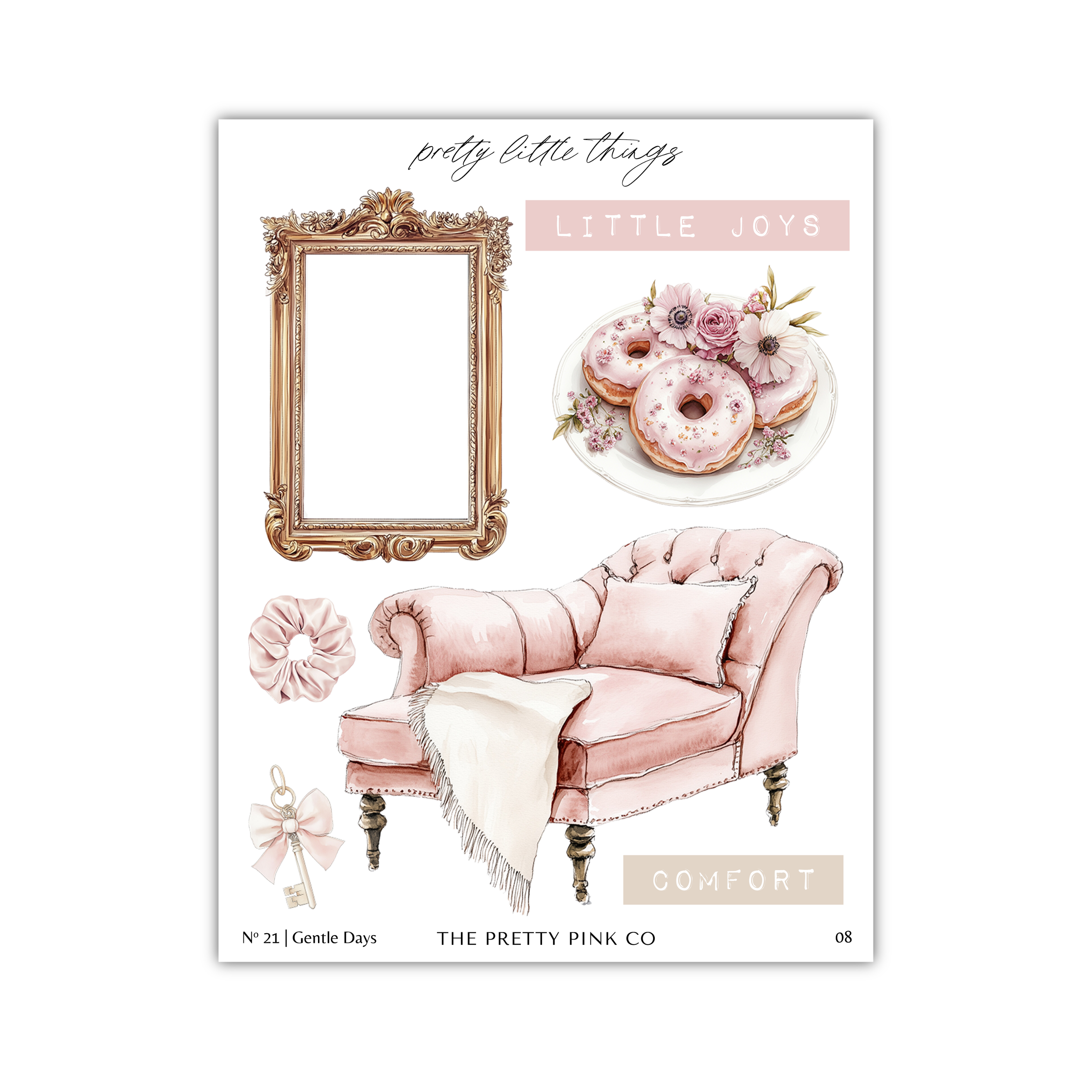 The image is a collage of various pink-themed items, including a mirror, a plate of donuts, a pink sofa, and other decorative elements.