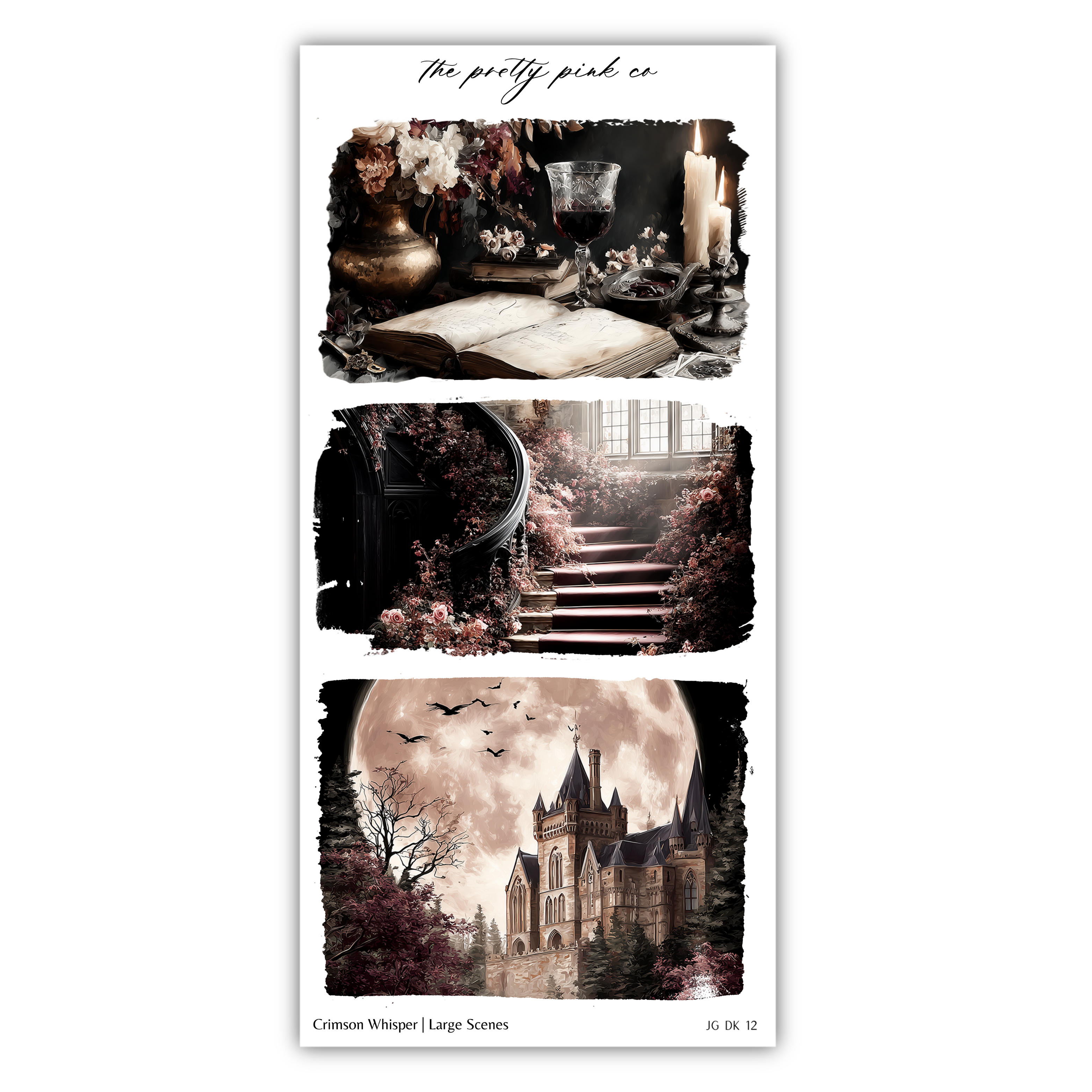 The image is a collage of three pictures depicting various scenes, including a vase, a book, a staircase, a castle, and a full moon.