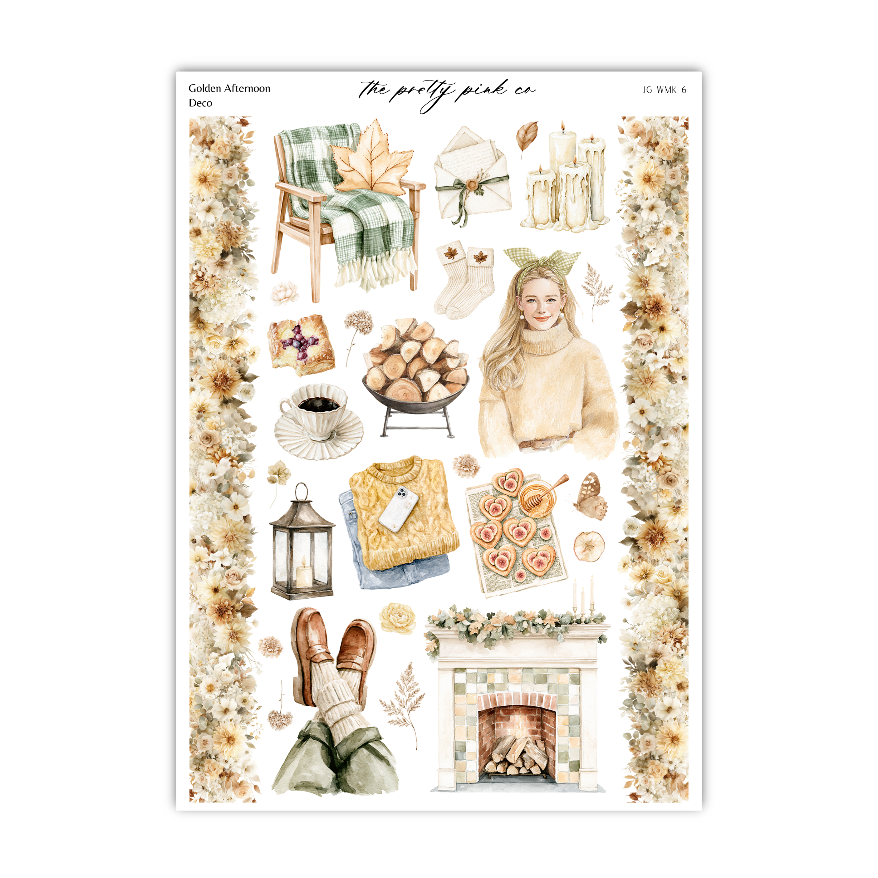 The image is a collage of various autumn-themed items, including a plaid blanket, a fireplace, a woman, a cup, a lantern, and other seasonal decorations.