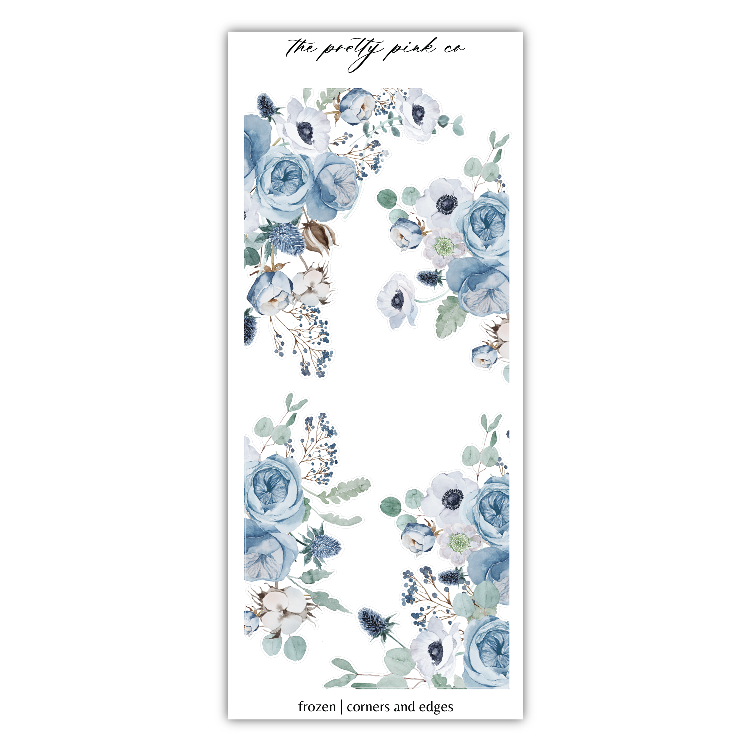 a blue and white floral sticker on a white background