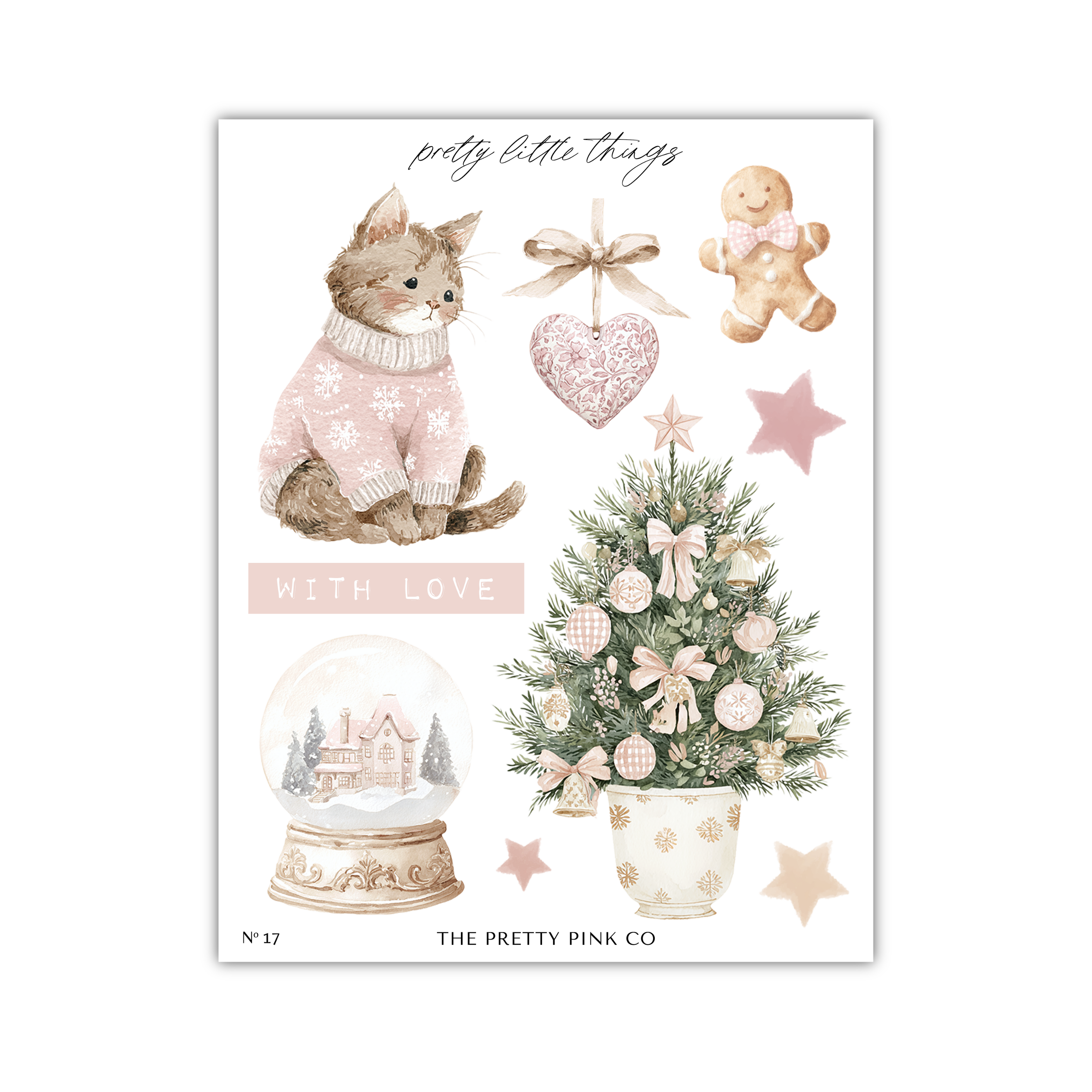 The image is a collage of various Christmas-themed items, including a cat in a pink sweater, a gingerbread man, a Christmas tree, a snow globe, and a potted plant.