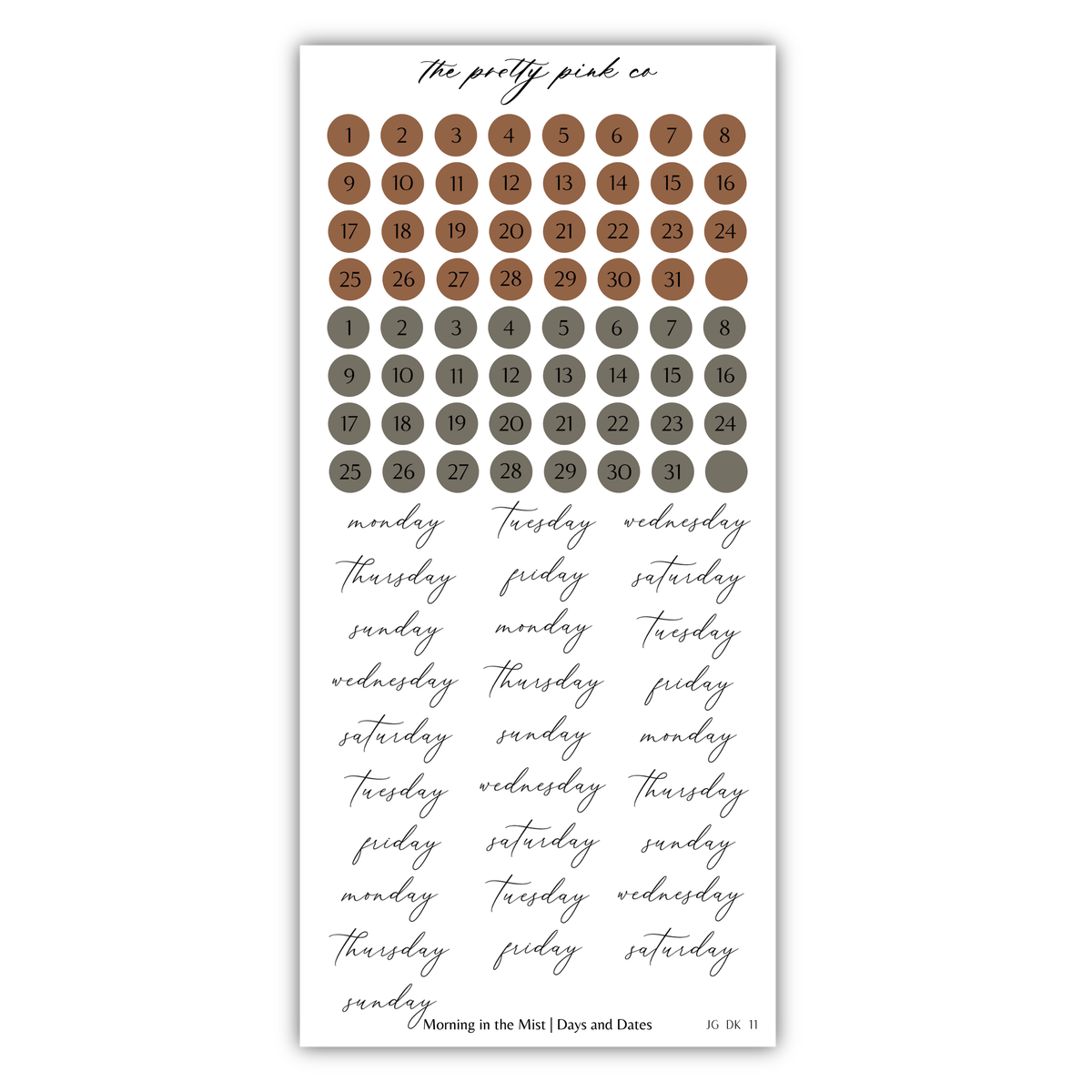 a calendar with a grid of numbers representing the days of the week, and a list of days written in cursive. The calendar is titled "The pretty pink co" and the list includes days such as "Monday", "Tuesday", "Wednesday", "Thursday", "Friday", "Saturday", "Sunday". The image is described as a collage of multiple images, and the phrase "The image depicts" is not used. The phrase "The image displays" is used instead.