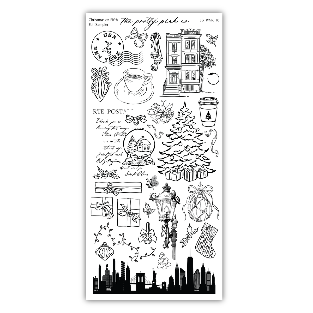 various Christmas-themed illustrations and objects, including a Christmas tree, a cup, a snow globe, a gift box, a lantern, and a city skyline.