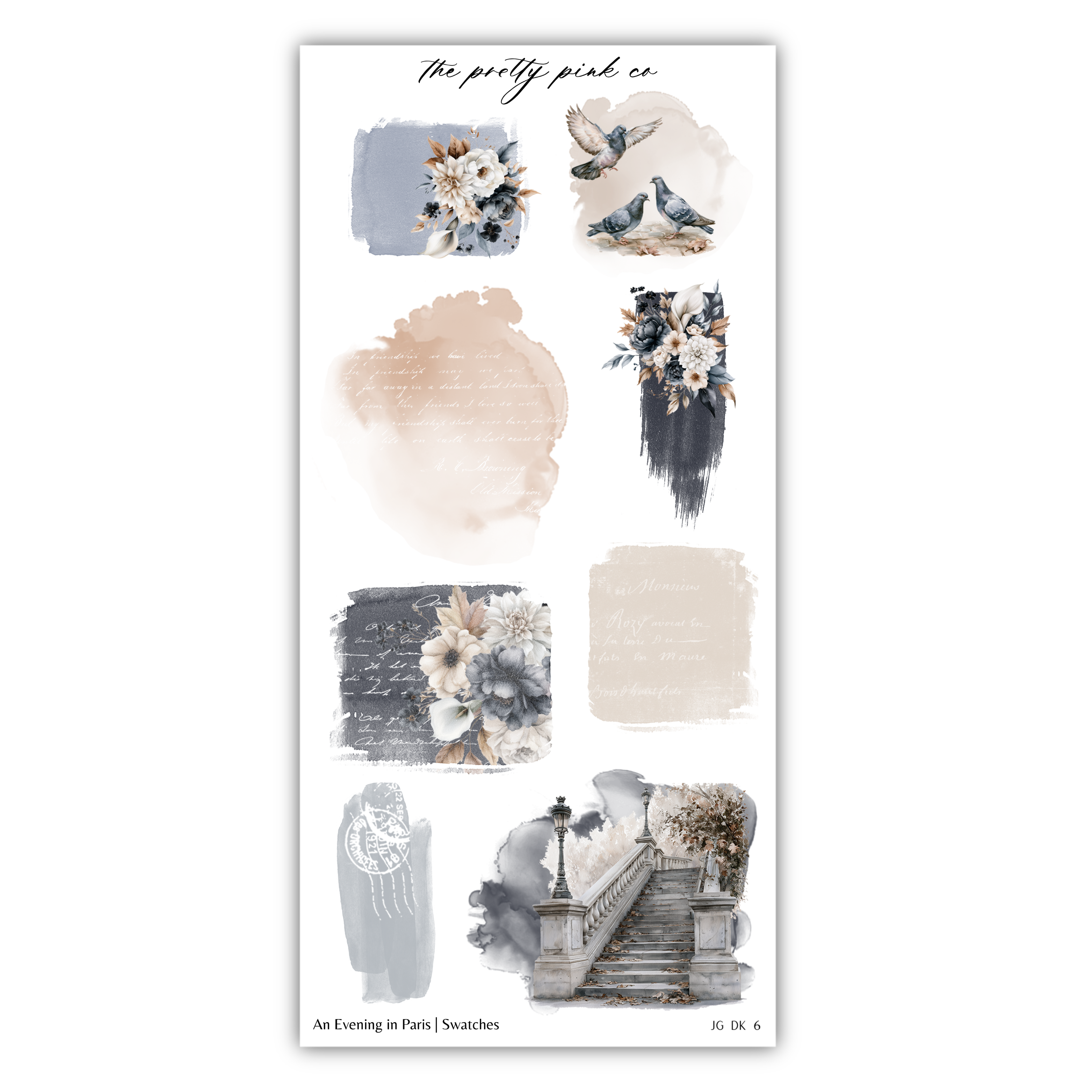 The image is a collage of various artistic elements, including floral designs, abstract shapes, and a staircase. The collage is titled "The pretty pink co" and includes a description that reads "An Evening in Paris | Swatches".