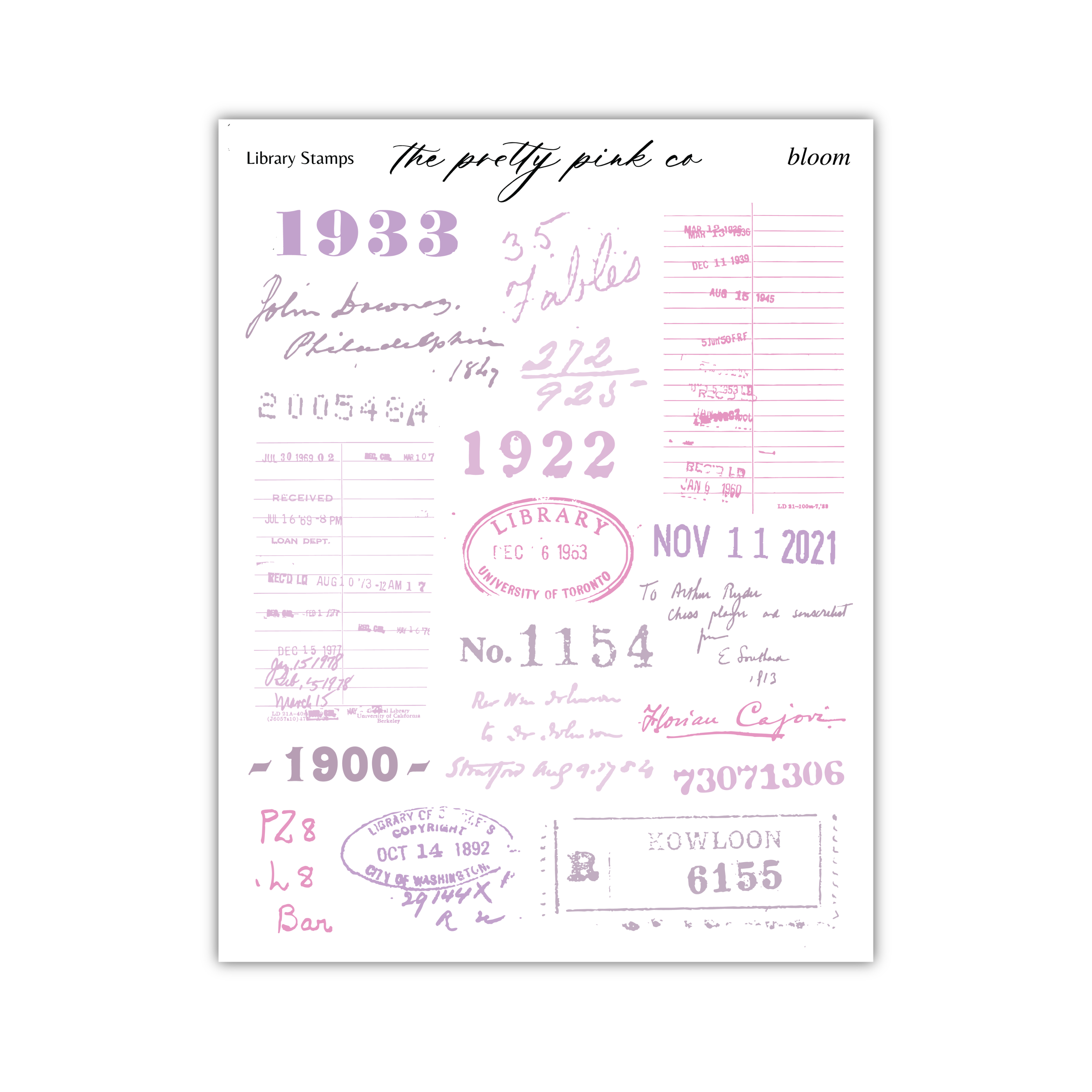 various library-related items and information, including library cards, library catalogs, and library fees. The text is in different colors and styles, and there are handwritten notes and stamps throughout the image.