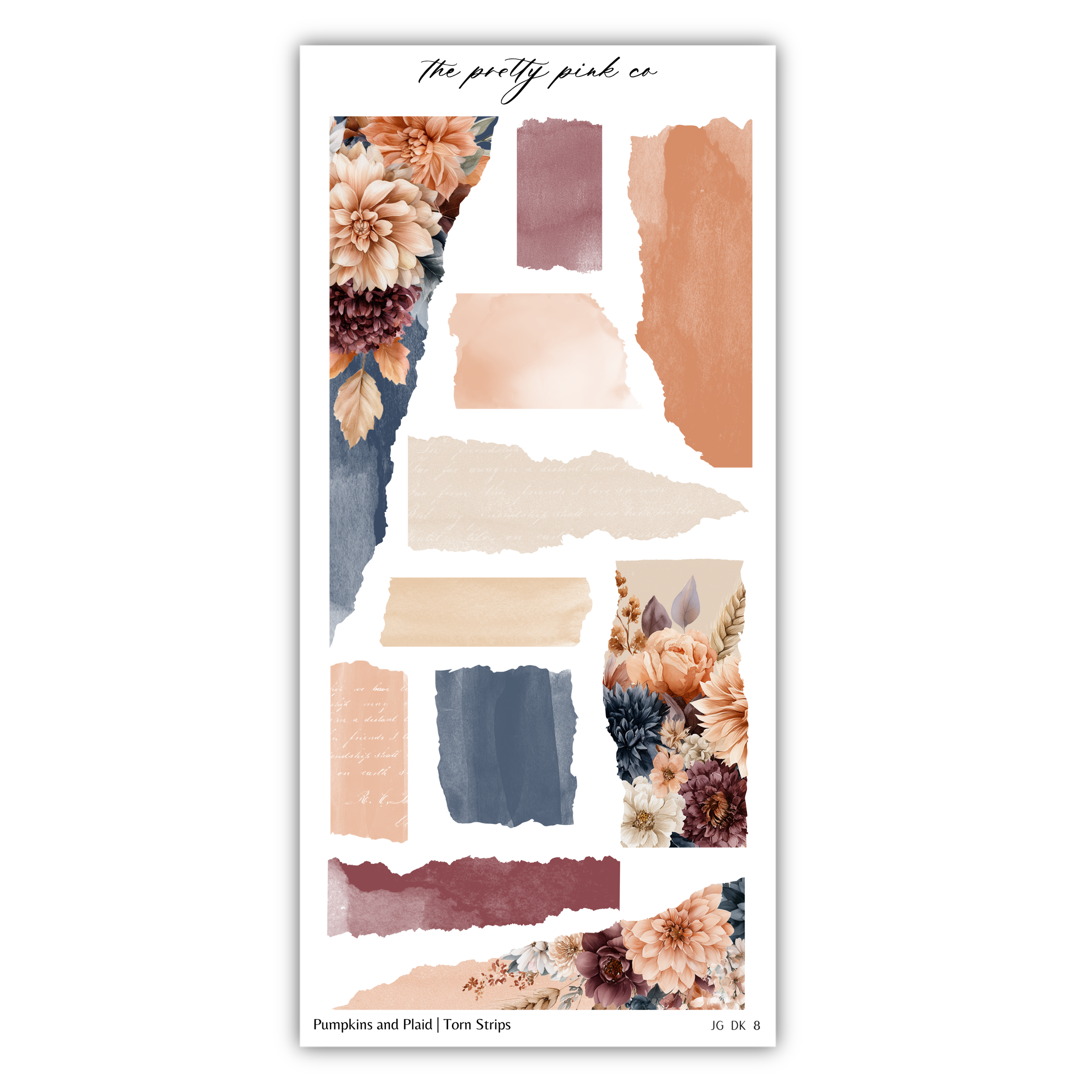 The image is a collage of various abstract shapes and patterns, including floral elements such as pumpkins and plaid (torn) strips. The collage is presented in a vertical orientation, with the text "The pretty pink co" written at the top.