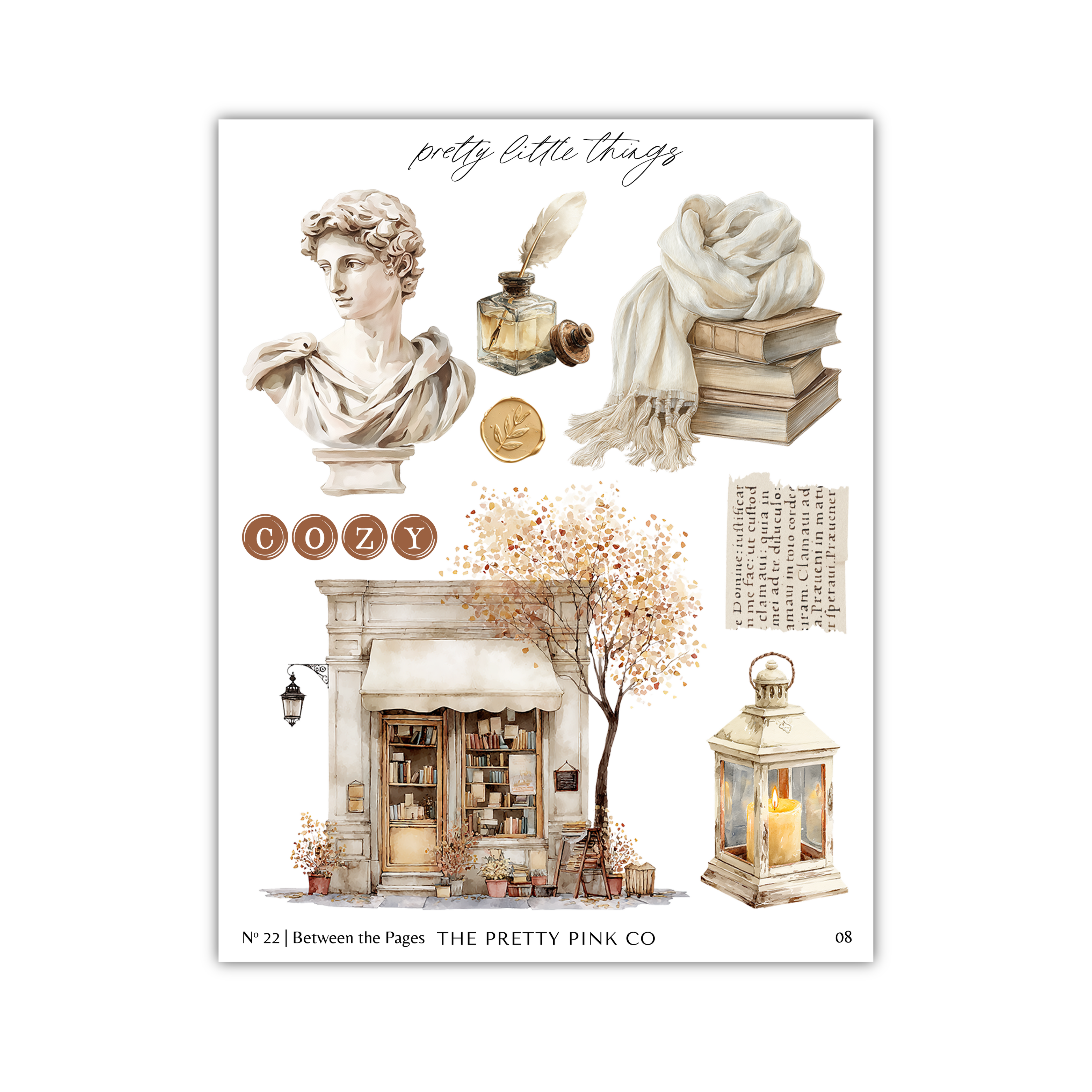 The image is a collage of various objects and scenes, including a bust, a candle, a lantern, a tree, and a book. The collage is titled "cozy" and includes the text "between the pages" and "THE PINK CO".
