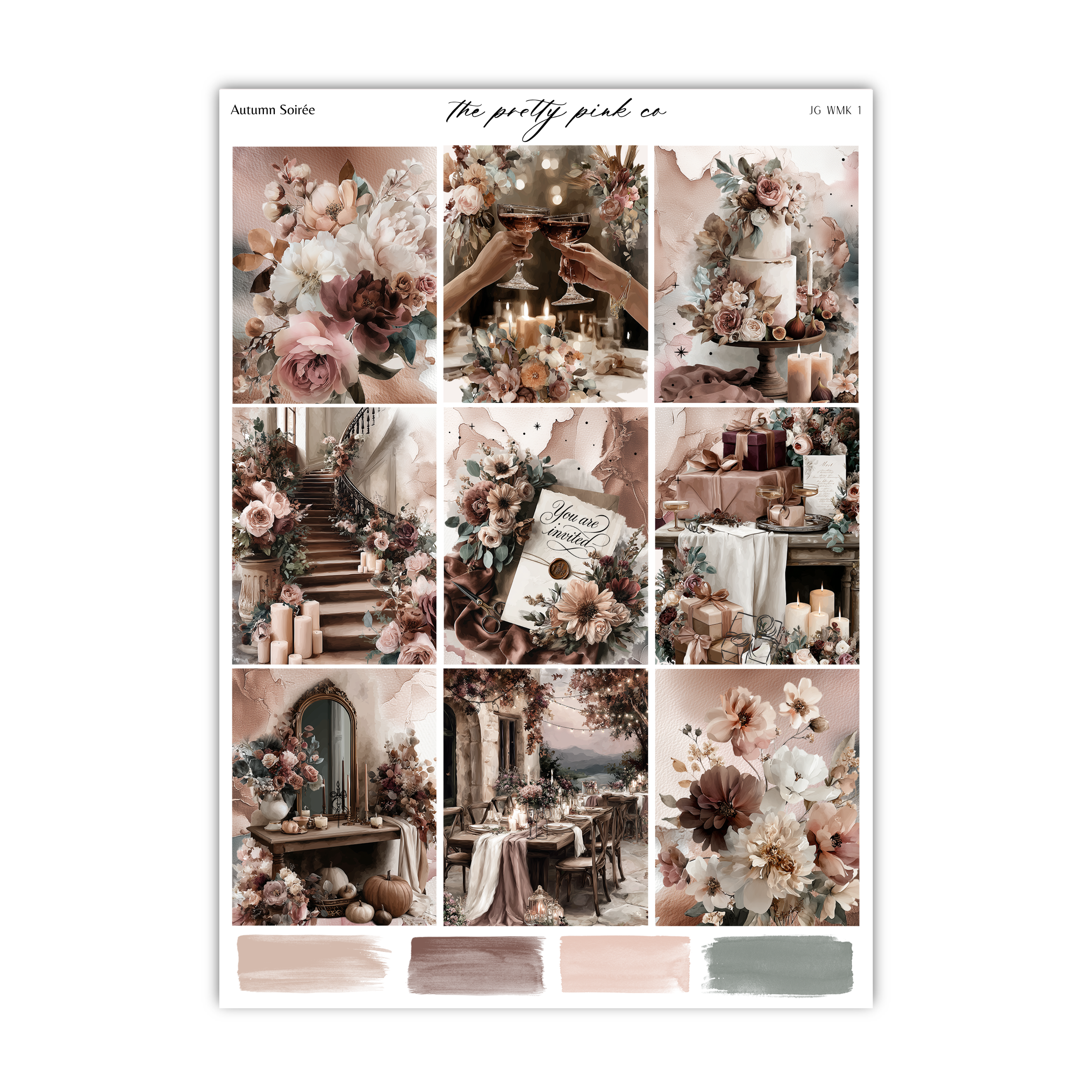 The image is a collage of nine images depicting various floral arrangements, table settings, and decorative elements in a warm, pastel color palette.