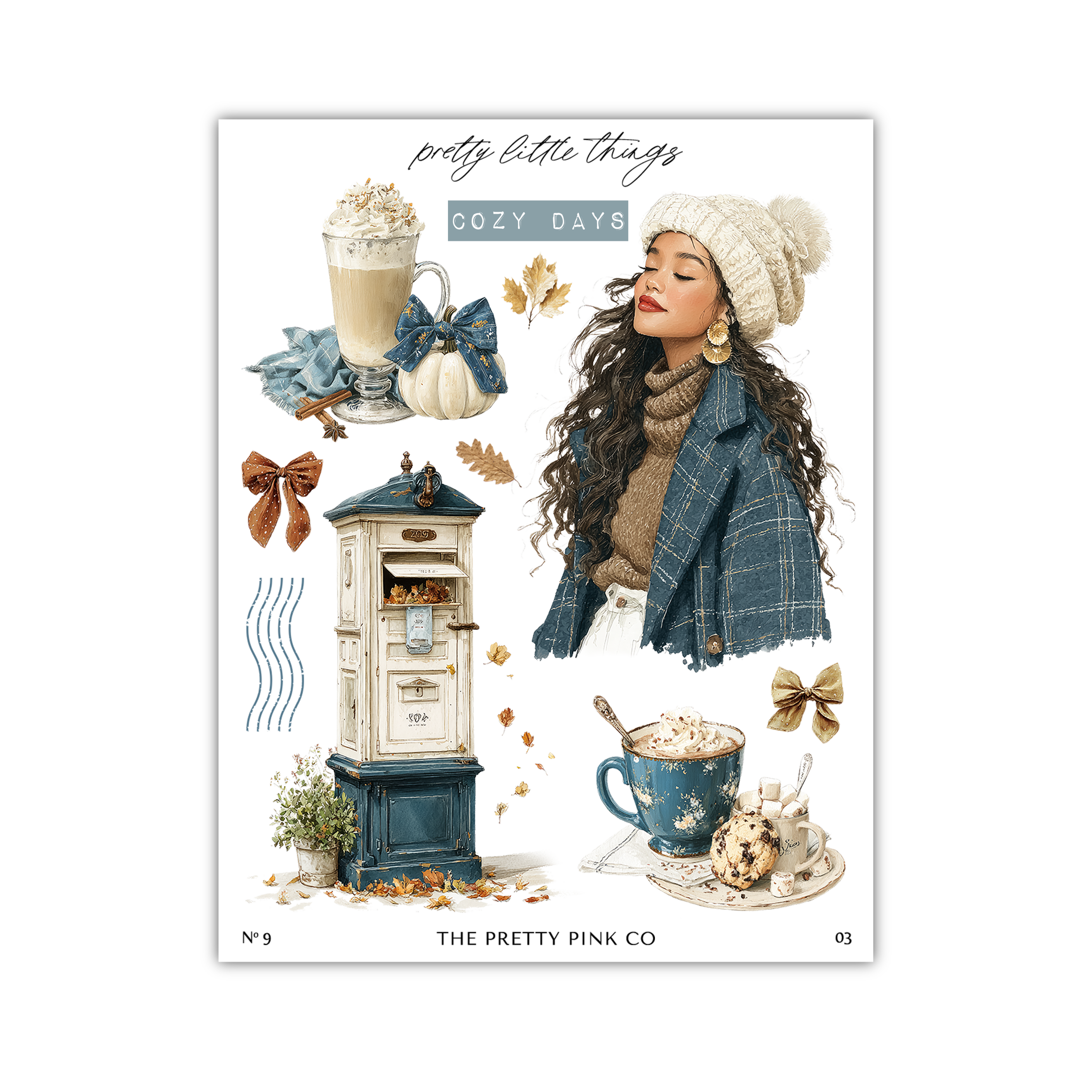 The image is a collage of various fall-themed items, including a woman with long brown hair wearing a white beanie, a cup of hot chocolate, a mailbox, a pumpkin, a mug of hot chocolate, and a cupcake.